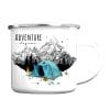 Auf dem Bild ist das Produkt: Tasse Campingbecher Emaille Berge und blaues Zelt, Adventure begins, Reisen Urlaub, Geschenk Geburtstag Camper zum Preis von €18.90 abgebildet.