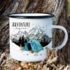 Auf dem Bild ist das Produkt: Tasse Campingbecher Emaille Berge und blaues Zelt, Adventure begins, Reisen Urlaub, Geschenk Geburtstag Camper zum Preis von €18.90 abgebildet.