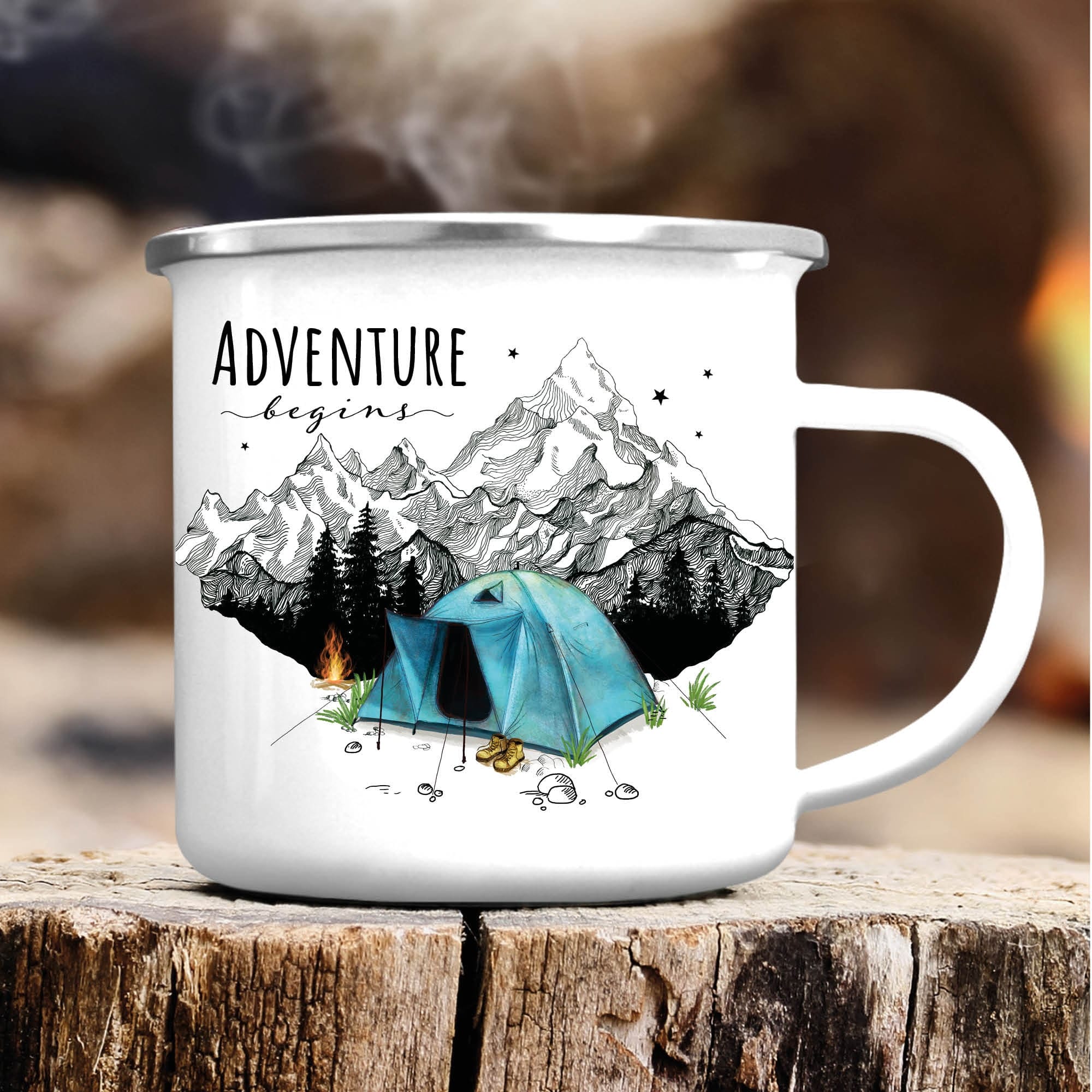 Tasse Campingbecher Emaille Berge und blaues Zelt, Adventure begins, Reisen Urlaub, Geschenk Geburtstag Camper