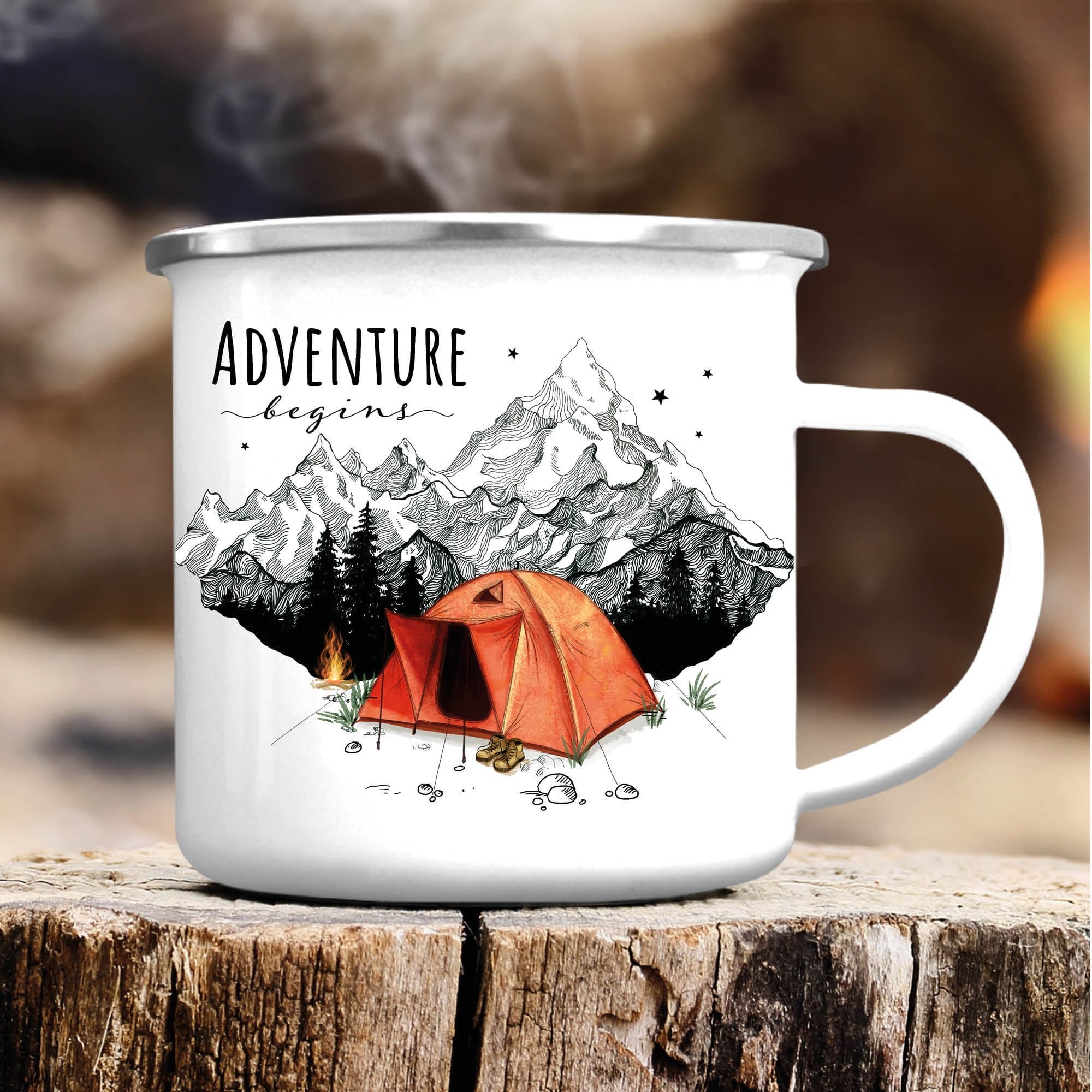 Tasse Campingbecher Emaille Berge und rotes Zelt, Adventure begins, Reisen Urlaub, Geschenk Geburtstag Camper, Weihnachtsgeschenk