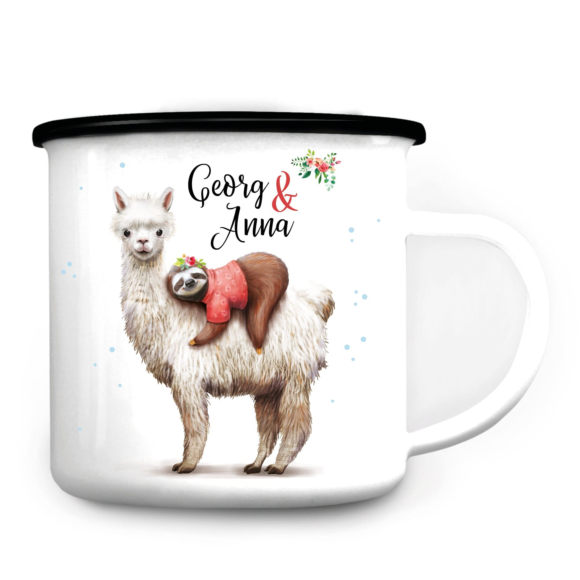 Tasse Campingbecher Emaille Lama und Faultier beste Freunde personalisiert mit Wunschnamen