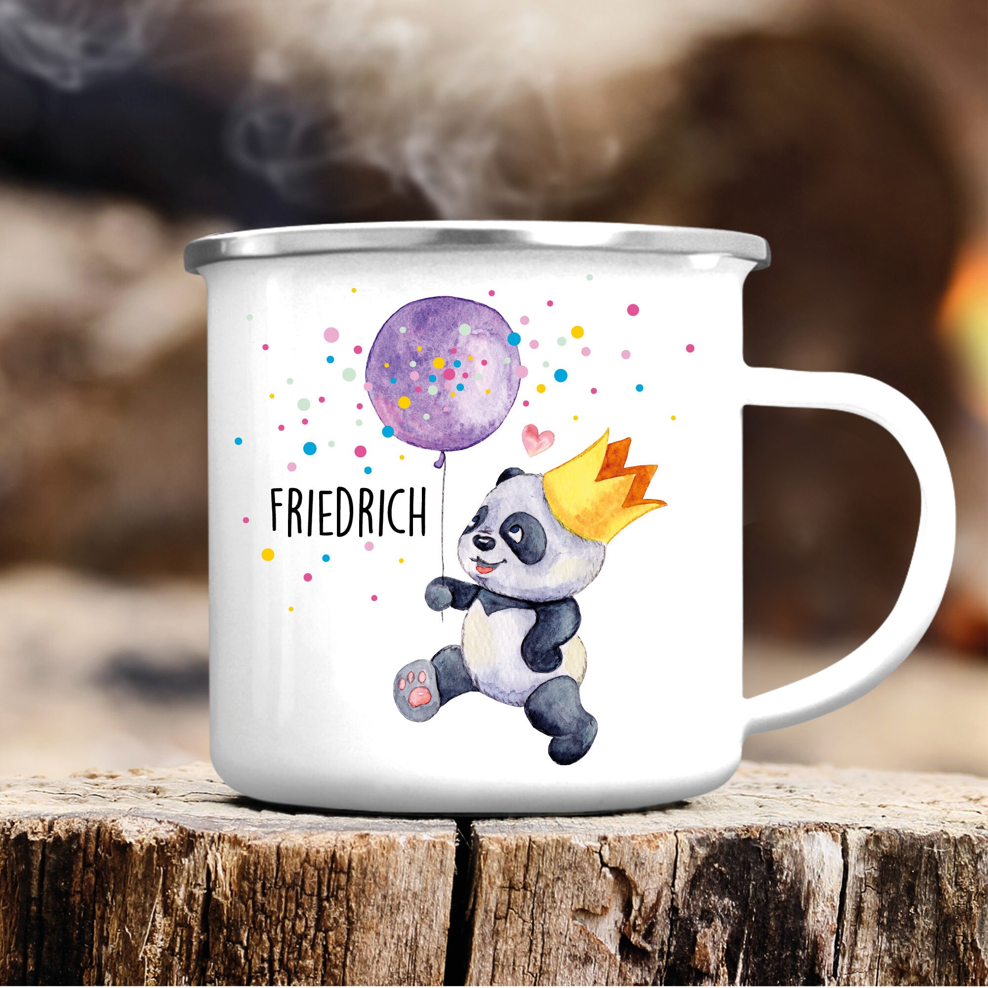 Tasse Campingbecher Emaille Panda Bär personalisiert mit Wunschnamen Kindertasse