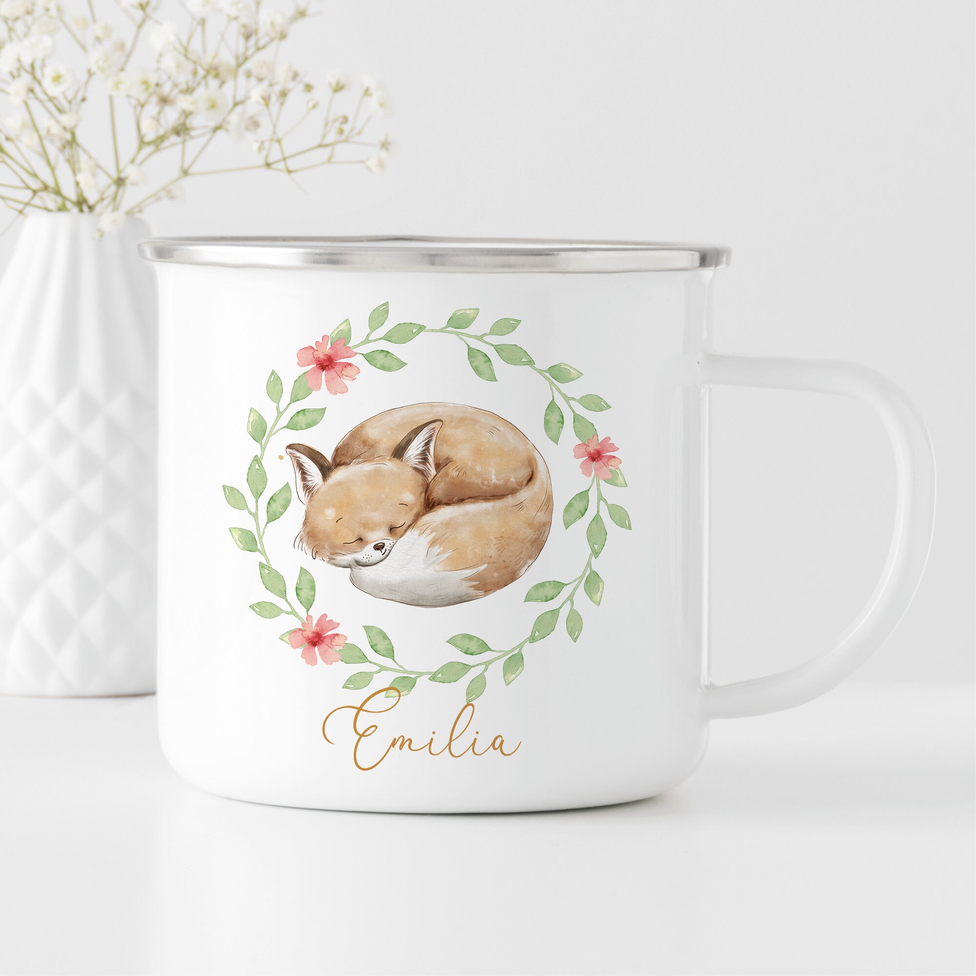 Tasse Emaille Campingbecher Fuchs Blätterkranz Blumen Wunschname Geschenk