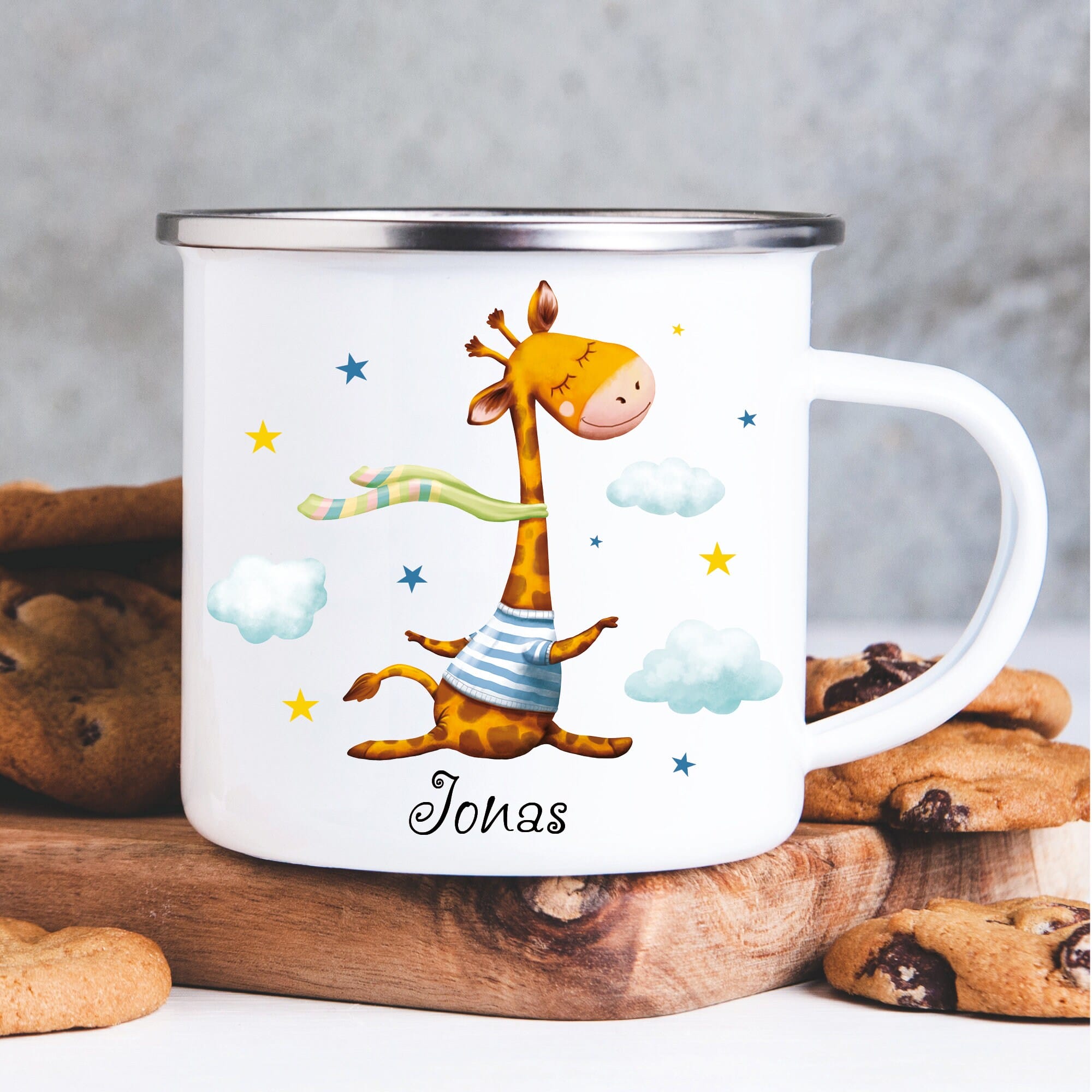 Tasse Emaille Campingbecher Giraffe personalisiert mit Wunschname Geschenk Kindertasse