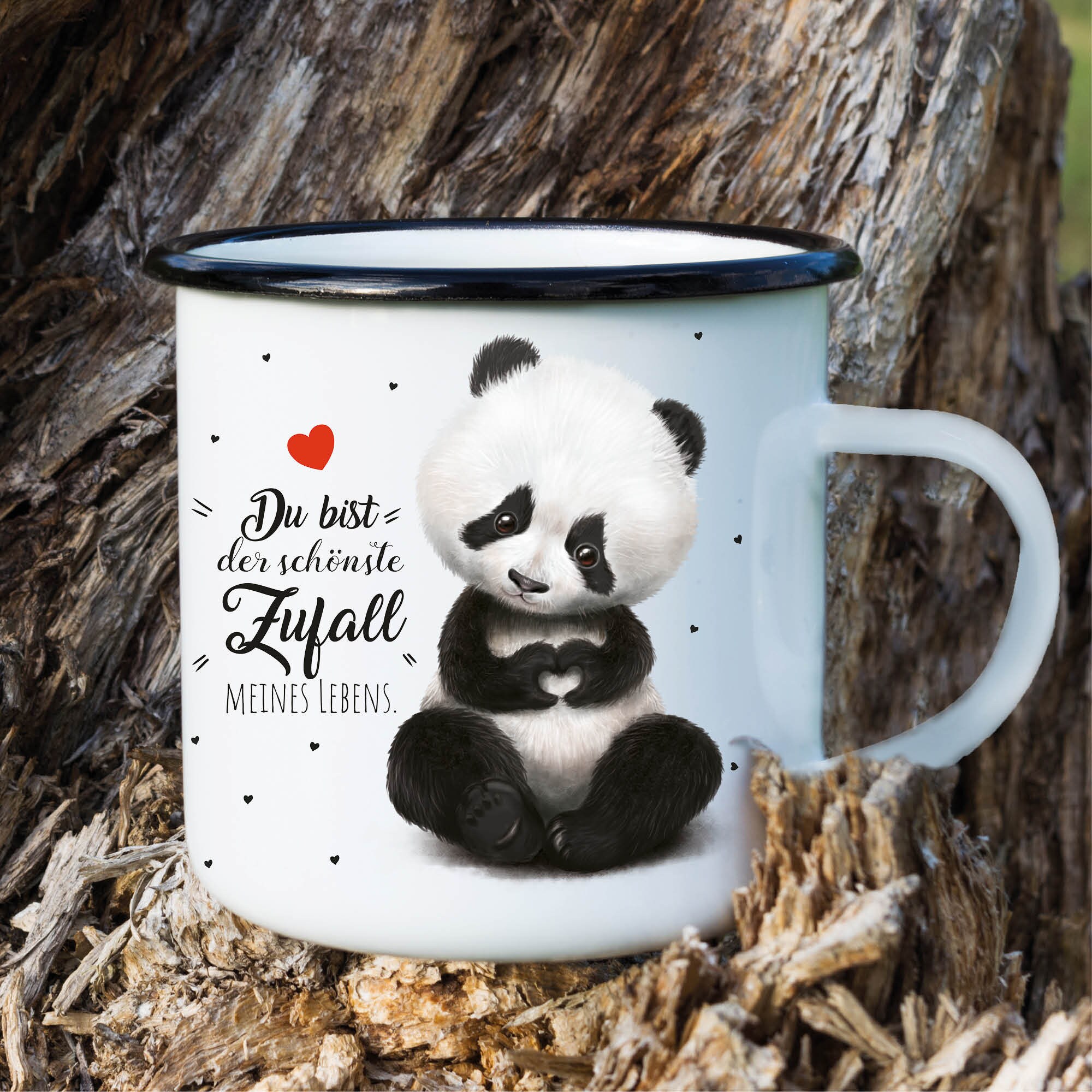 Tasse Emaillebecher Kissen oder Thermobecher Panda Bär Du bist der schönste Zufall meines Lebens Geschenk Geburtstag