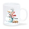 Auf dem Bild ist das Produkt: Tasse Schneemann Mädchen Keramiktasse für den Winter bedruckt winterlich Schneemann und Mädchen personalisiert mit Namen Geschenk zum Preis von €18.9 abgebildet.
