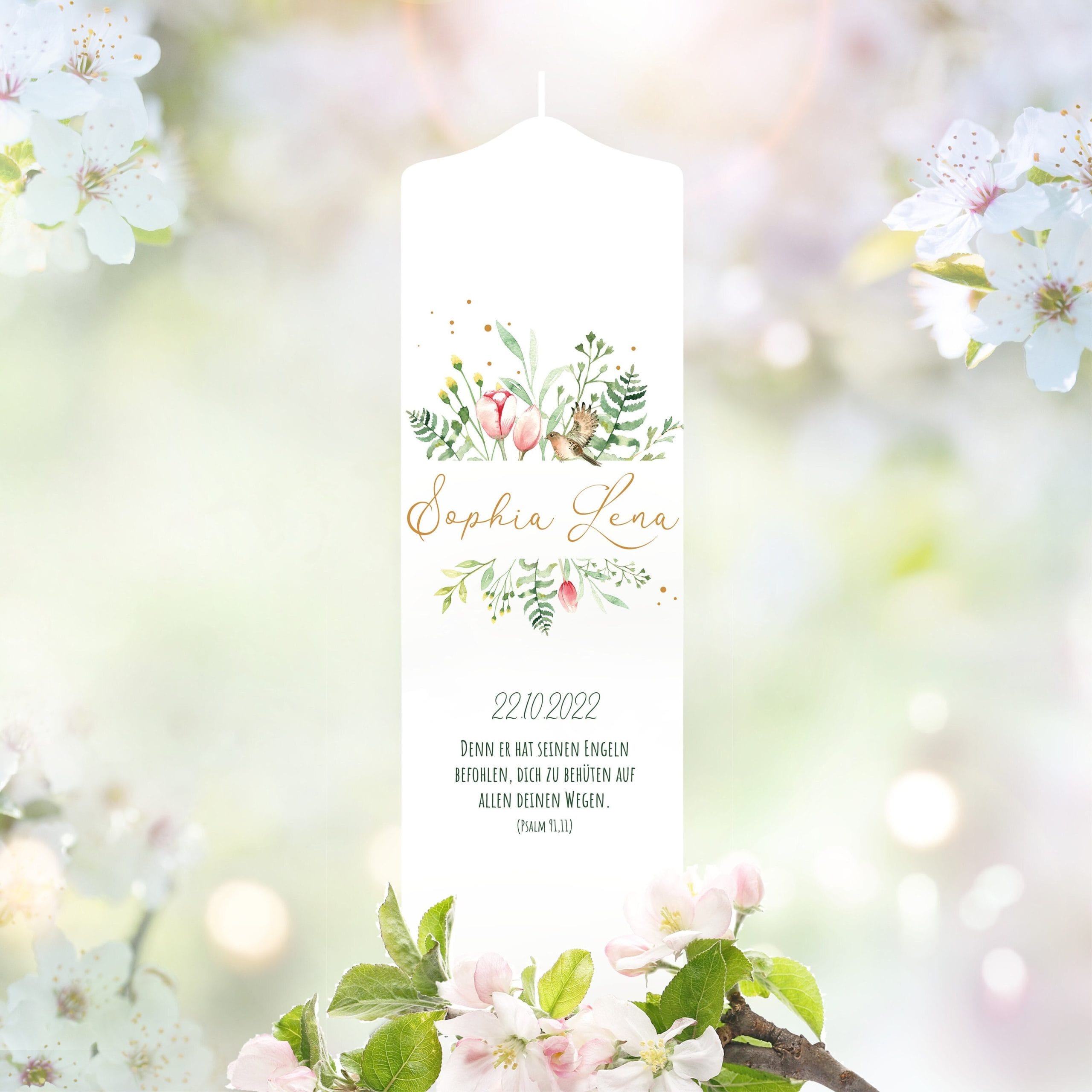Taufkerze Junge Mädchen Blumen pastell personalisierbar bedruckt mit Namen Datum Taufspruch Taufgeschenk anpassbar