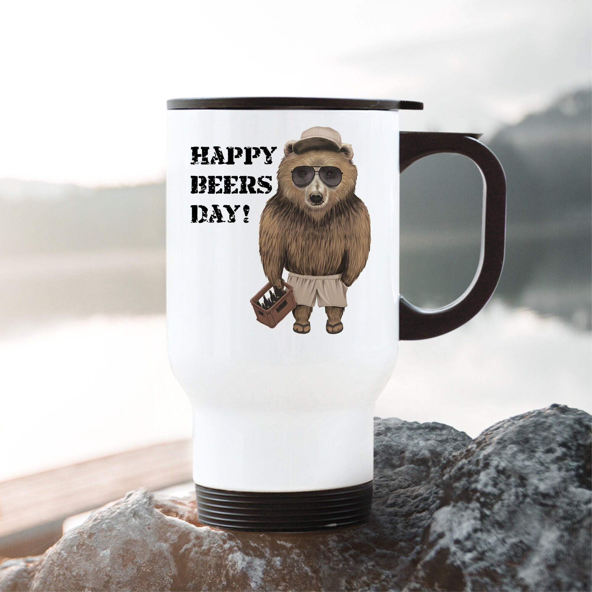 Thermobecher bedruckt Bär Bierkiste Happy Beers Day Geburtstagsgeschenk