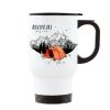 Auf dem Bild ist das Produkt: Thermobecher bedruckt Zelt mit Lagerfeuer und Bergen Adventure begins Geschenk Geburtstag zum Preis von €21.9 abgebildet.