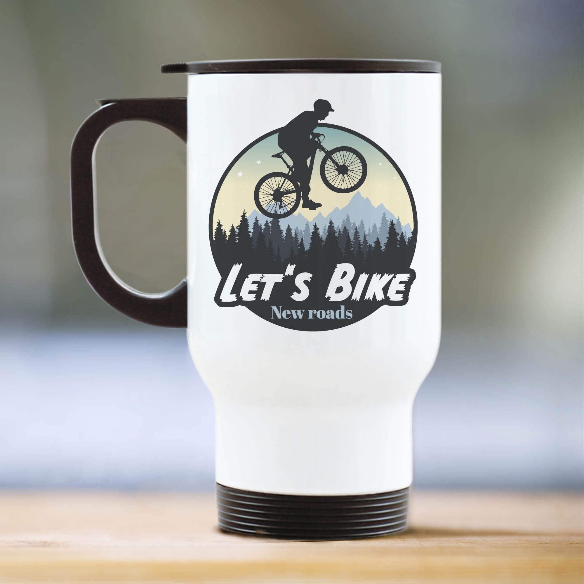 Thermobecher to go bedruckt Mountainbiker Wald Berge Geschenk Geburtstag für Naturliebhaber