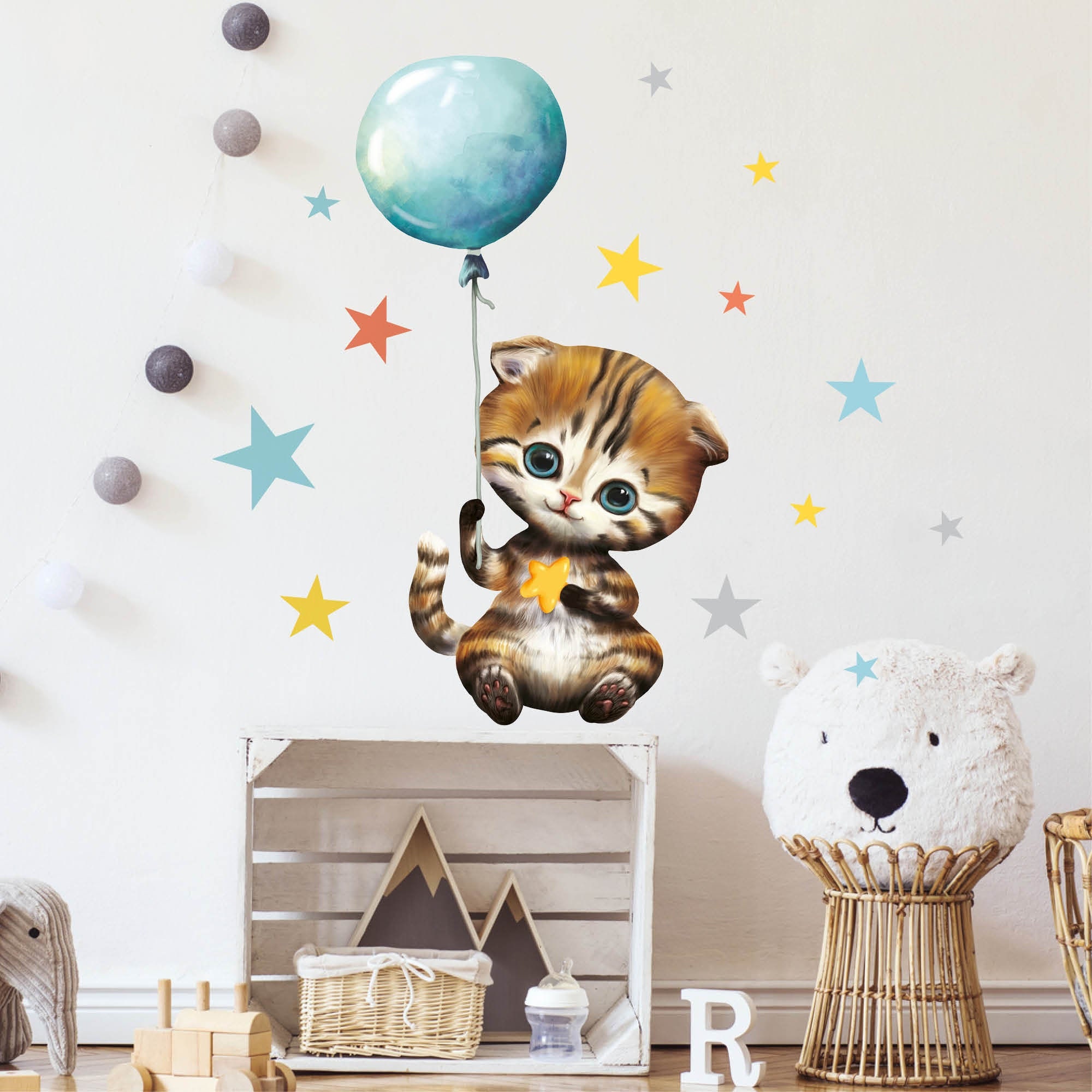 Wandtattoo Kinderzimmer Katze mit Luftballon Dekoration Babyzimmer