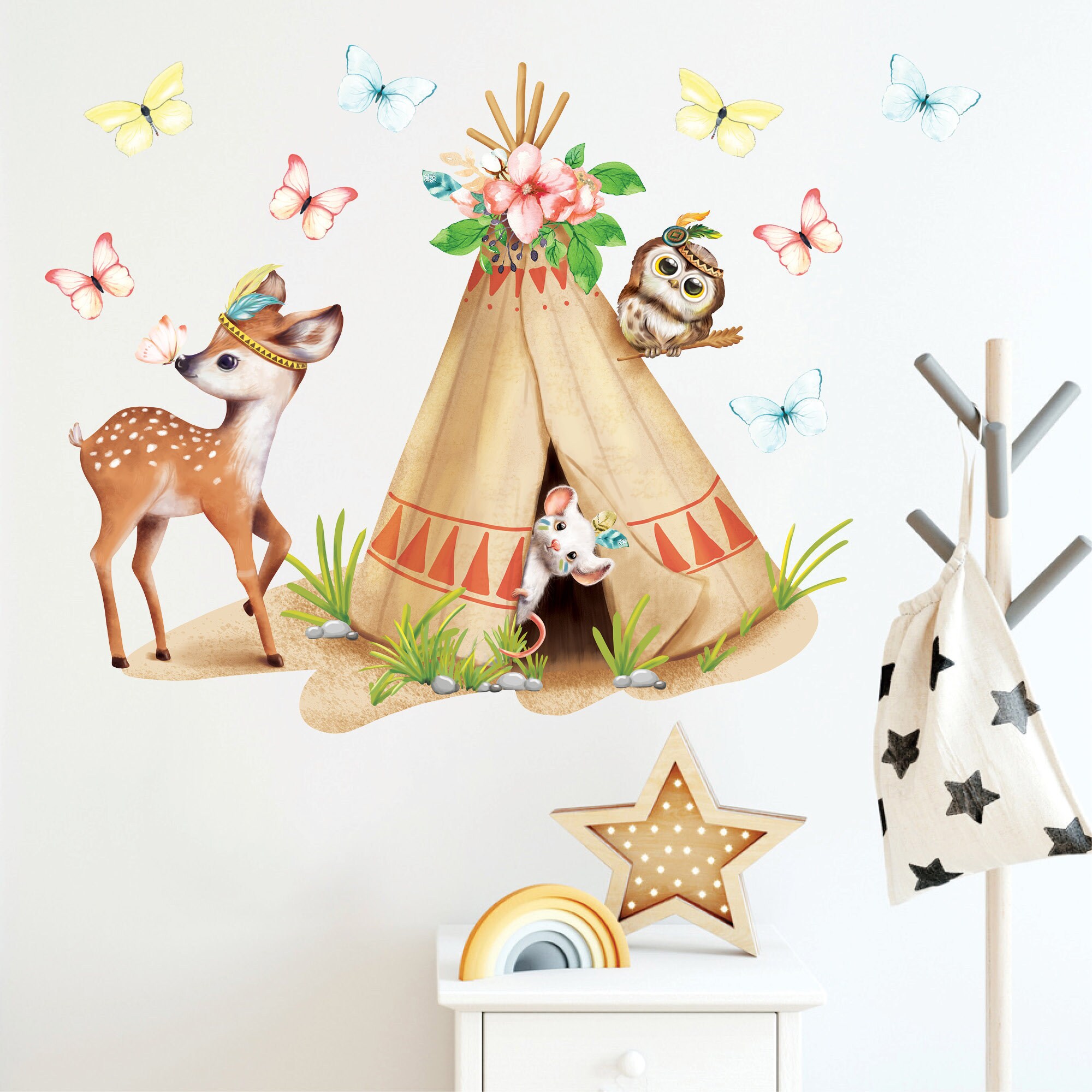 Wandtattoo Kinderzimmer Tipi Indianer Reh Zelt Eule Schmetterlinge Dekoration Babyzimmer