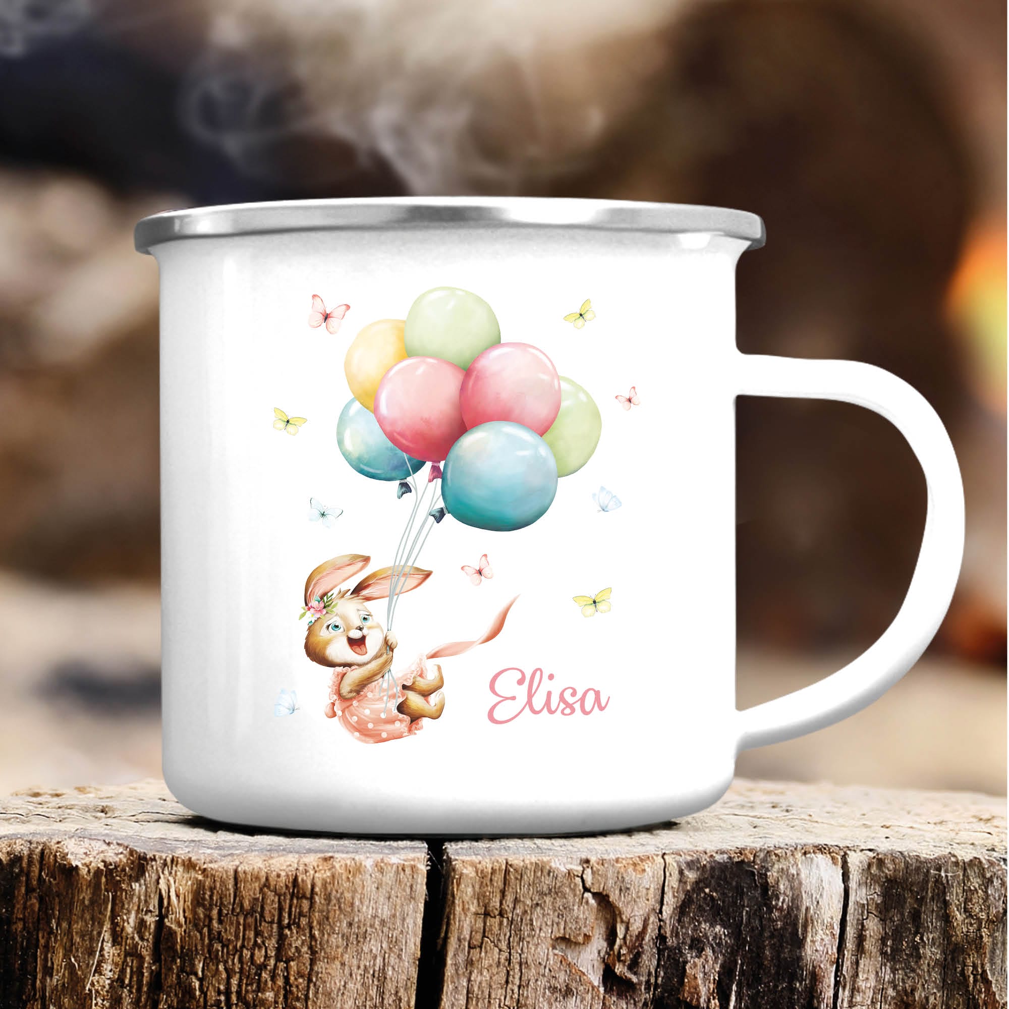 Kindertasse Campingbecher Emaille Hase mit Luftballons Geschenk Geburtstag personalisiert mit Wunschnamen