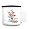 Auf dem Bild ist das Produkt: Kindertasse Emaille Campingbecher Schneemann mit Mädchen personalisiert mit Wunschname Outdoorgeschirr Geschenk zum Preis von €18.9 abgebildet.