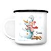 Auf dem Bild ist das Produkt: Kindertasse Emaille Campingbecher Schneemann mit Mädchen personalisiert mit Wunschname Outdoorgeschirr Geschenk zum Preis von €18.9 abgebildet.