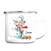 Auf dem Bild ist das Produkt: Kindertasse Emaille Campingbecher Schneemann mit Mädchen personalisiert mit Wunschname Outdoorgeschirr Geschenk zum Preis von €18.9 abgebildet.