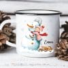 Auf dem Bild ist das Produkt: Kindertasse Emaille Campingbecher Schneemann mit Mädchen personalisiert mit Wunschname Outdoorgeschirr Geschenk zum Preis von €18.9 abgebildet.