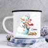 Auf dem Bild ist das Produkt: Kindertasse Emaille Campingbecher Schneemann mit Mädchen personalisiert mit Wunschname Outdoorgeschirr Geschenk zum Preis von €18.9 abgebildet.