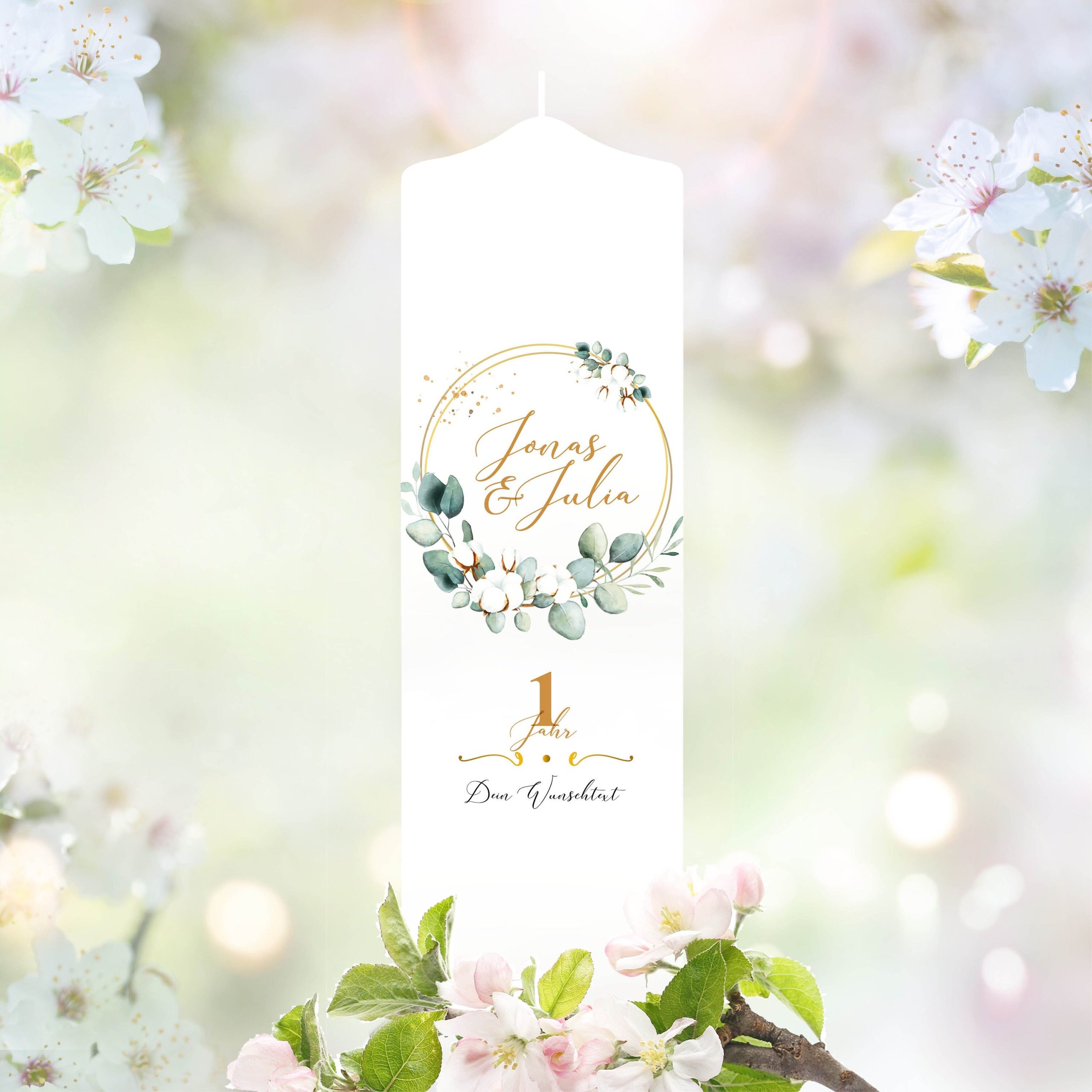 Weiße Hochzeitskerze Baumwollene Hochzeit Blätterkranz Eukalyptus personalisiertes Hochzeitsgeschenk Spruch Valentinstagsgeschenk