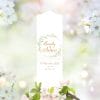 Auf dem Bild ist das Produkt: Weiße Hochzeitskerze Geburtstagskerze Blumenkranz Maiglöckchen personalisiert Hochzeitsgeschenk Spruch, Valentinstagsgeschenk zum Preis von €5.90 abgebildet.