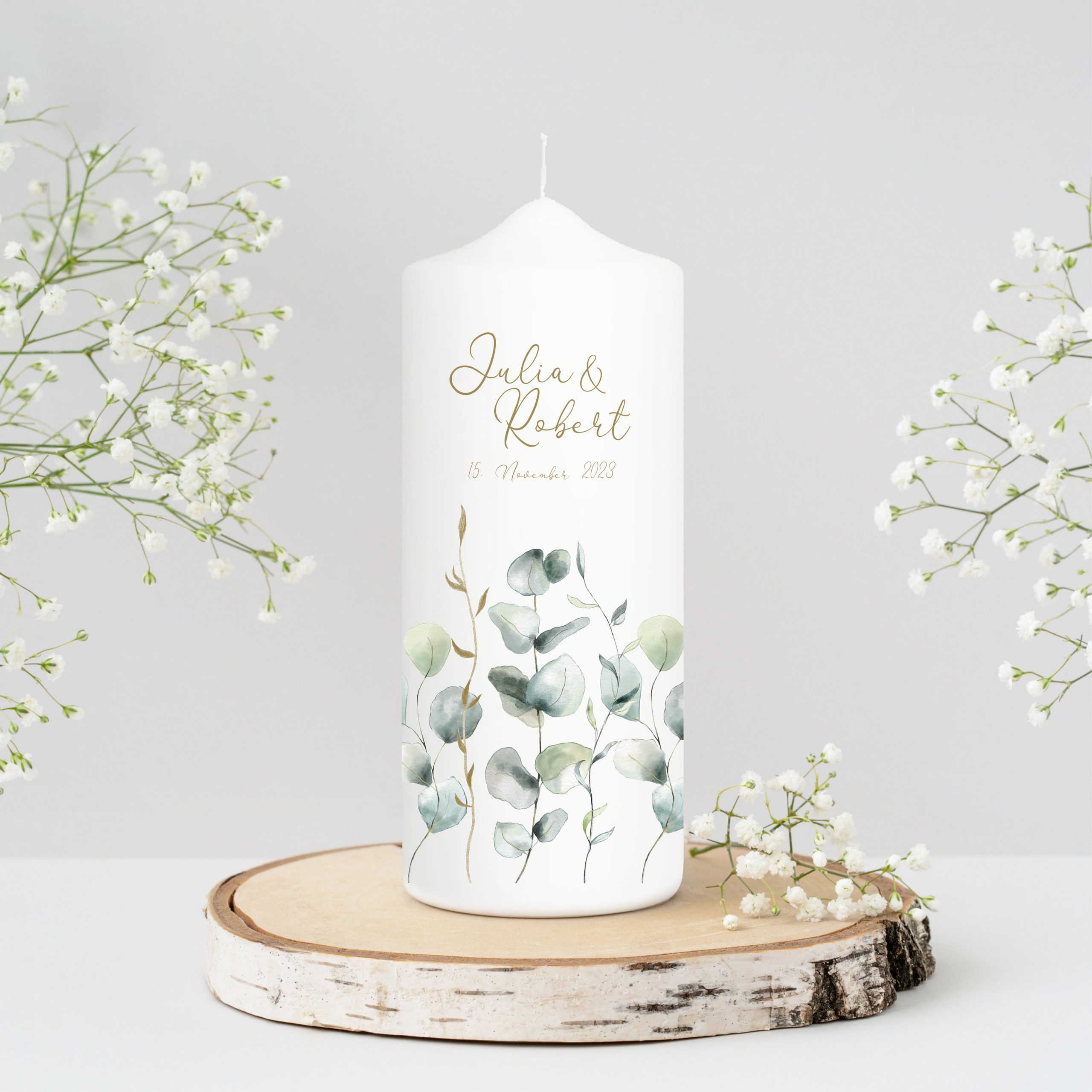 Weiße Hochzeitskerze Geburtstagskerze mit mehreren Eukalyptuszweigen Boho personalisiert Hochzeitsgeschenk Spruch