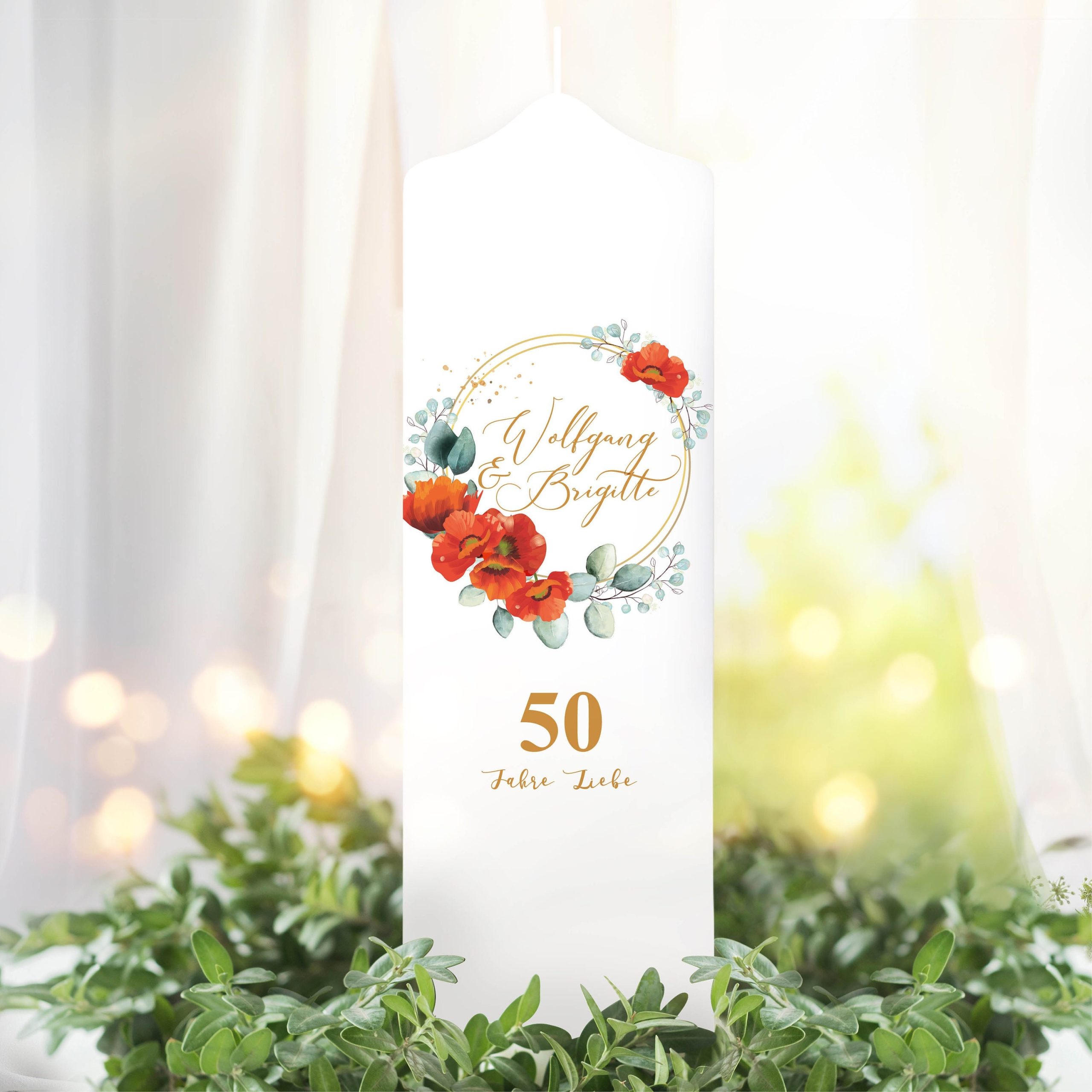 Weiße Hochzeitskerze runder goldener Rahmen mit Mohnblüten personalisiert Hochzeitsgeschenk Valentinstagsgeschenk