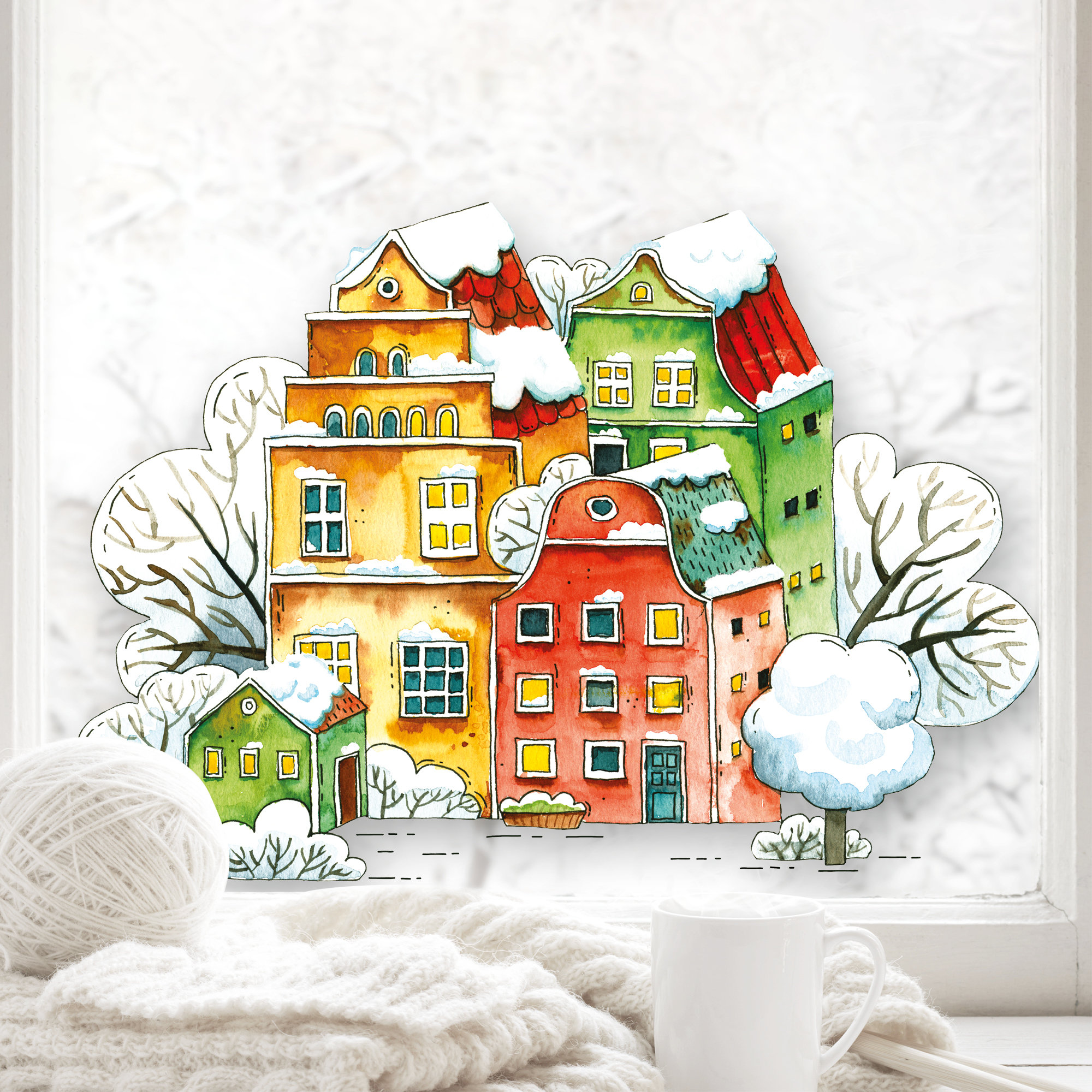 Wiederverwendbares Fensterbild Weihnachten Winter Altstadt Häuser Häuserreihe Fensterdekoration