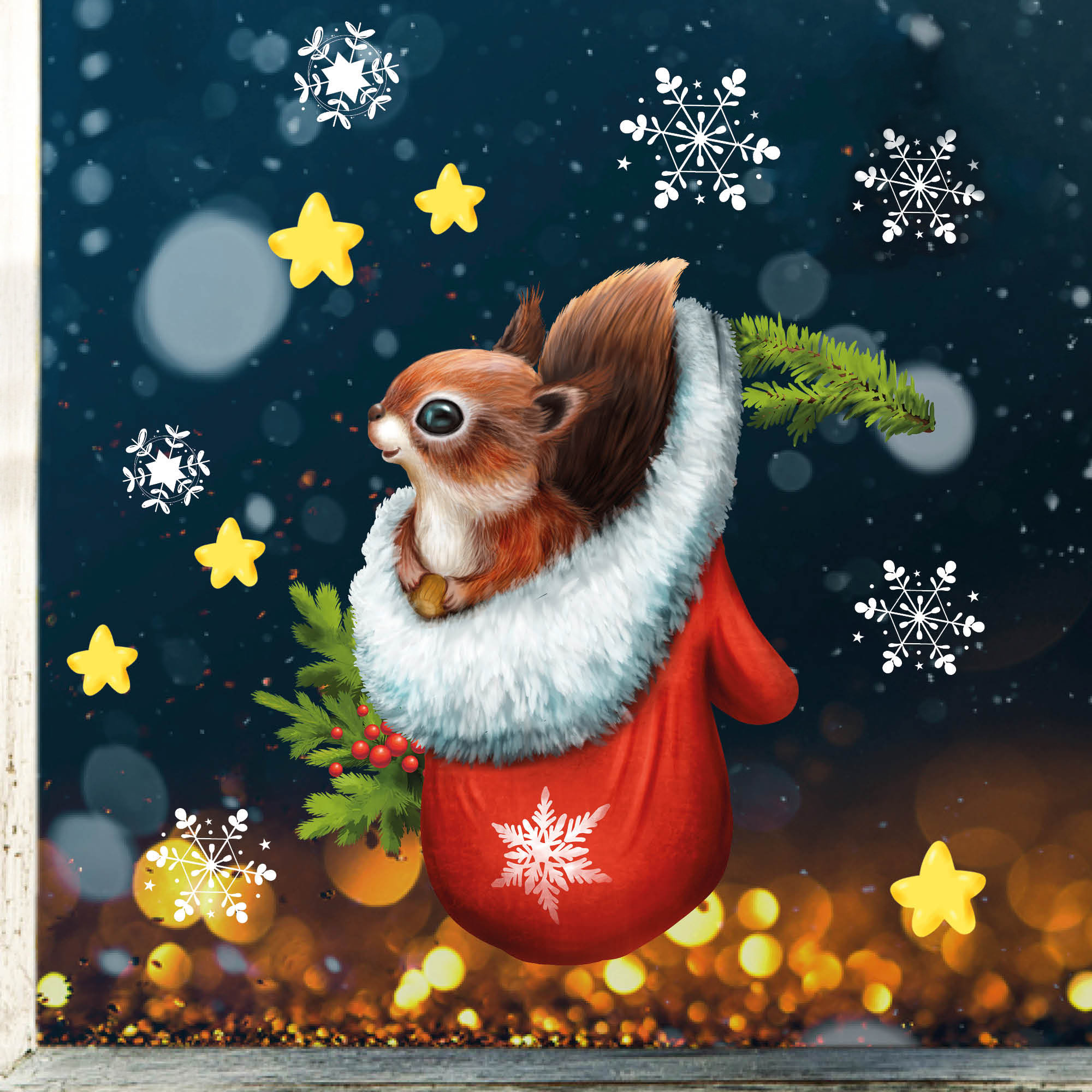 XXL Fensterbild Weihnachten Eichhörnchen Schneeflocken Winterdeko Fensteraufkleber wiederverwendbar