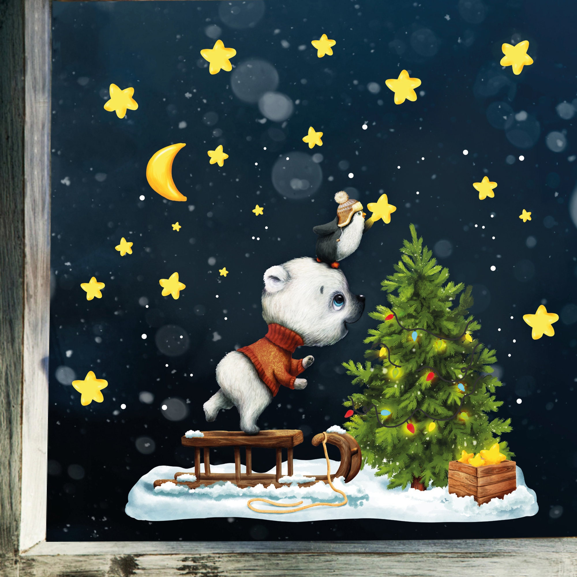 XXL Fensterbild Weihnachten Winter Bär und Pinguin mit Sternen Fensteraufkleber Fensterdeko Schaufensteraufkleber