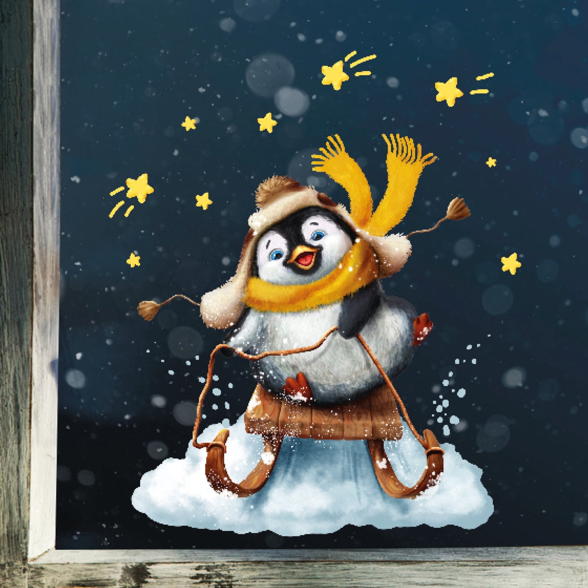 XXL Fensterbild Weihnachten Winter Pinguin Schlitten Sterne Fensterdeko Schaufensteraufkleber