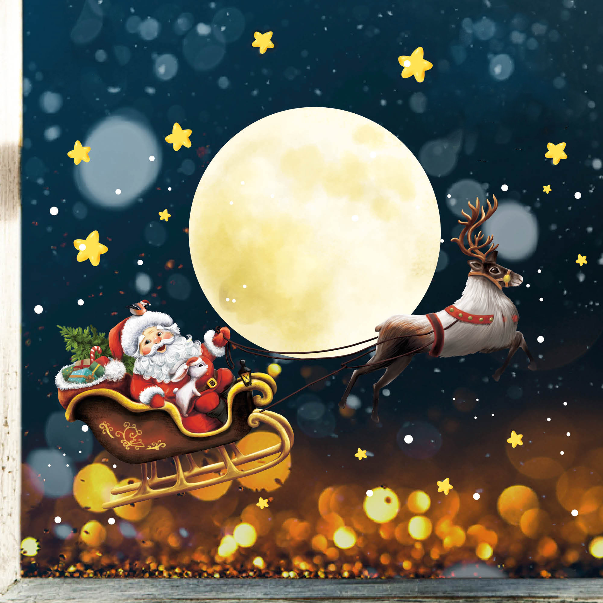 XXL Fensterbild Weihnachten Winter Weihnachtsmann Schlitten Elch Rentier Fensterdeko Schaufensterdeko