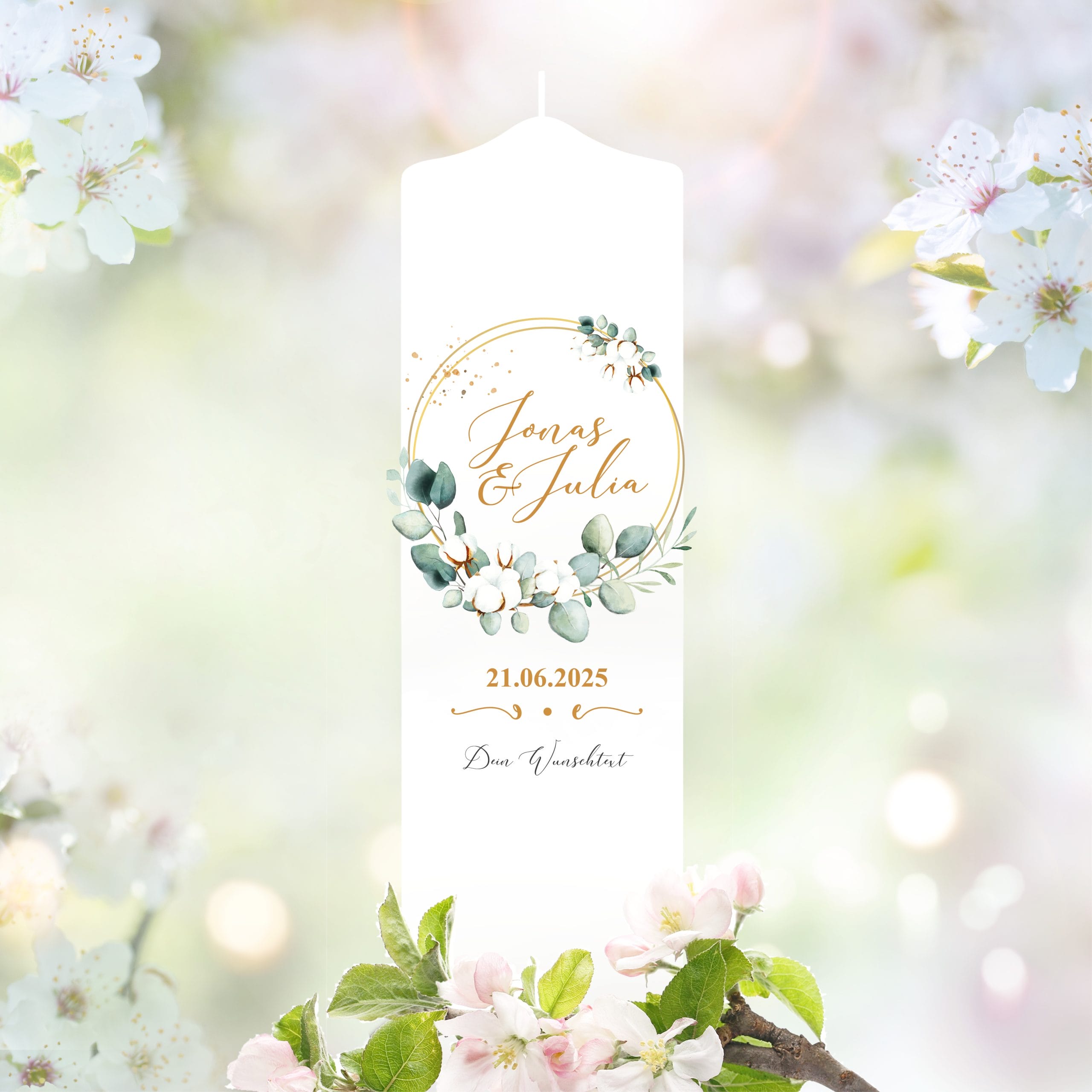Auf dem Bild ist das Produkt: Weiße Hochzeitskerze Bätterkrank Baumwolle Eukalyptus Hochzeit personalisiertes Hochzeitsgeschenk Spruch Valentinstagsgeschenk zum Preis von €5.9 abgebildet.