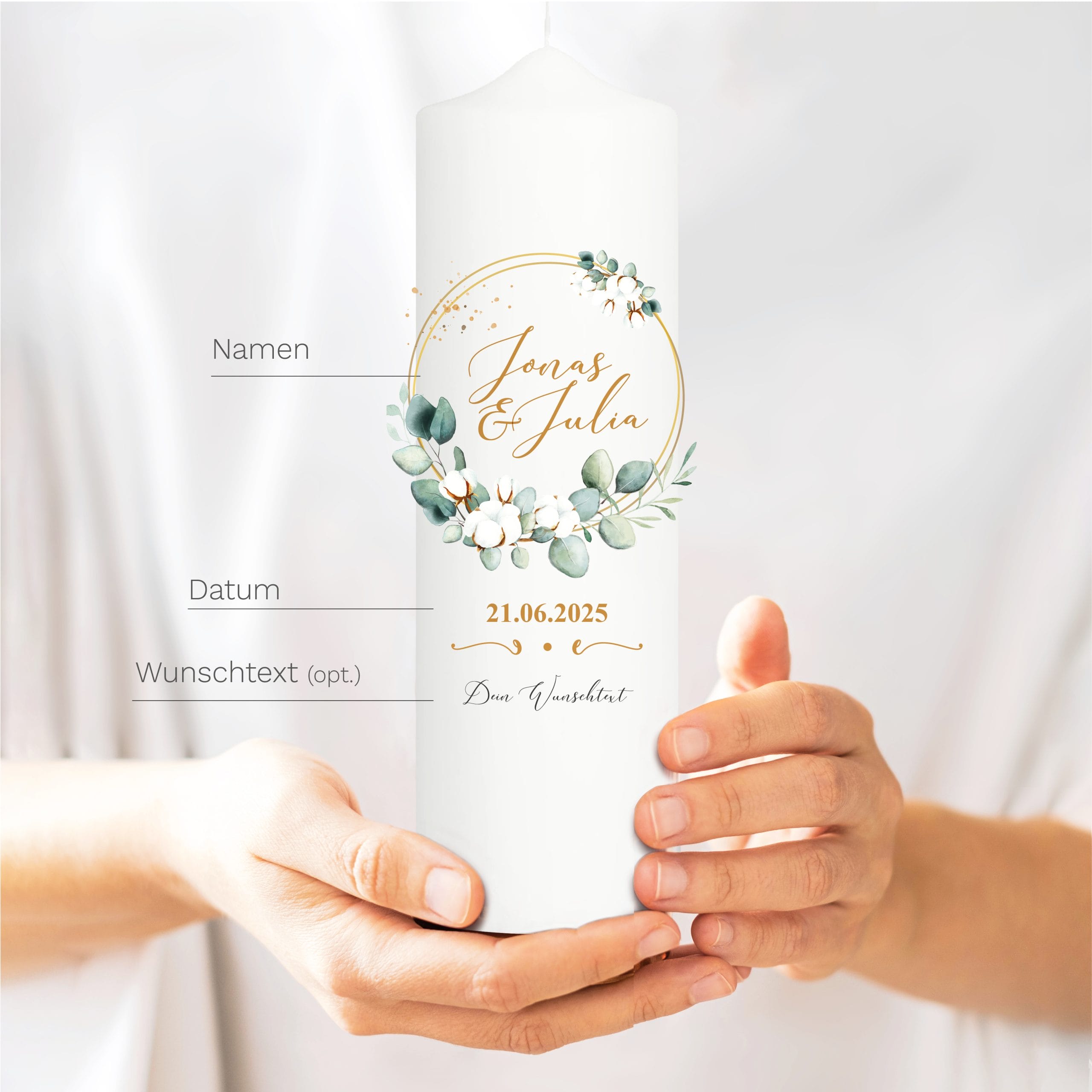Auf dem Bild ist das Produkt: Weiße Hochzeitskerze Bätterkrank Baumwolle Eukalyptus Hochzeit personalisiertes Hochzeitsgeschenk Spruch Valentinstagsgeschenk zum Preis von €5.9 abgebildet.