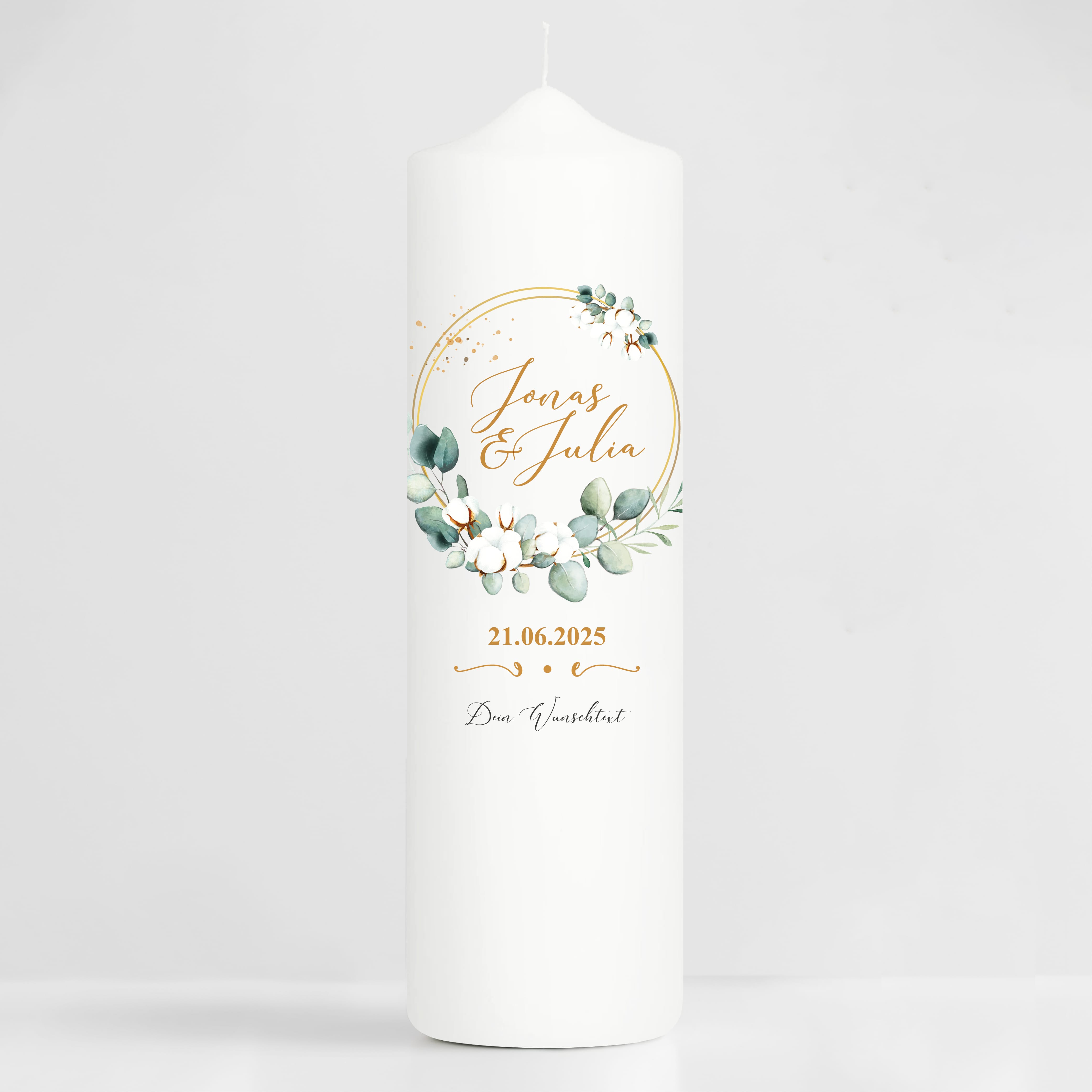 Auf dem Bild ist das Produkt: Weiße Hochzeitskerze Bätterkrank Baumwolle Eukalyptus Hochzeit personalisiertes Hochzeitsgeschenk Spruch Valentinstagsgeschenk zum Preis von €5.90 abgebildet.