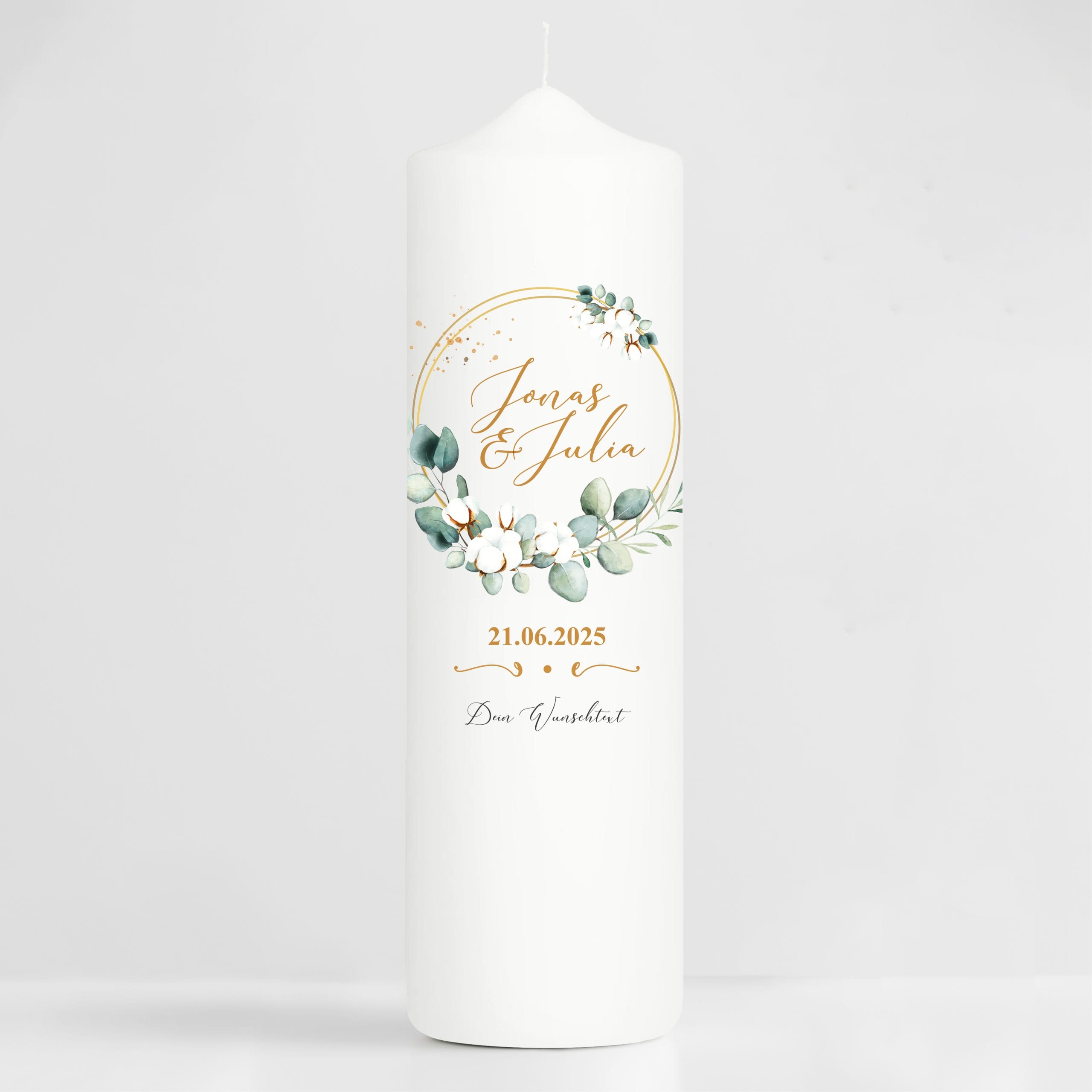 Auf dem Bild ist das Produkt: Weiße Hochzeitskerze Bätterkrank Baumwolle Eukalyptus Hochzeit personalisiertes Hochzeitsgeschenk Spruch Valentinstagsgeschenk zum Preis von €5.9 abgebildet.