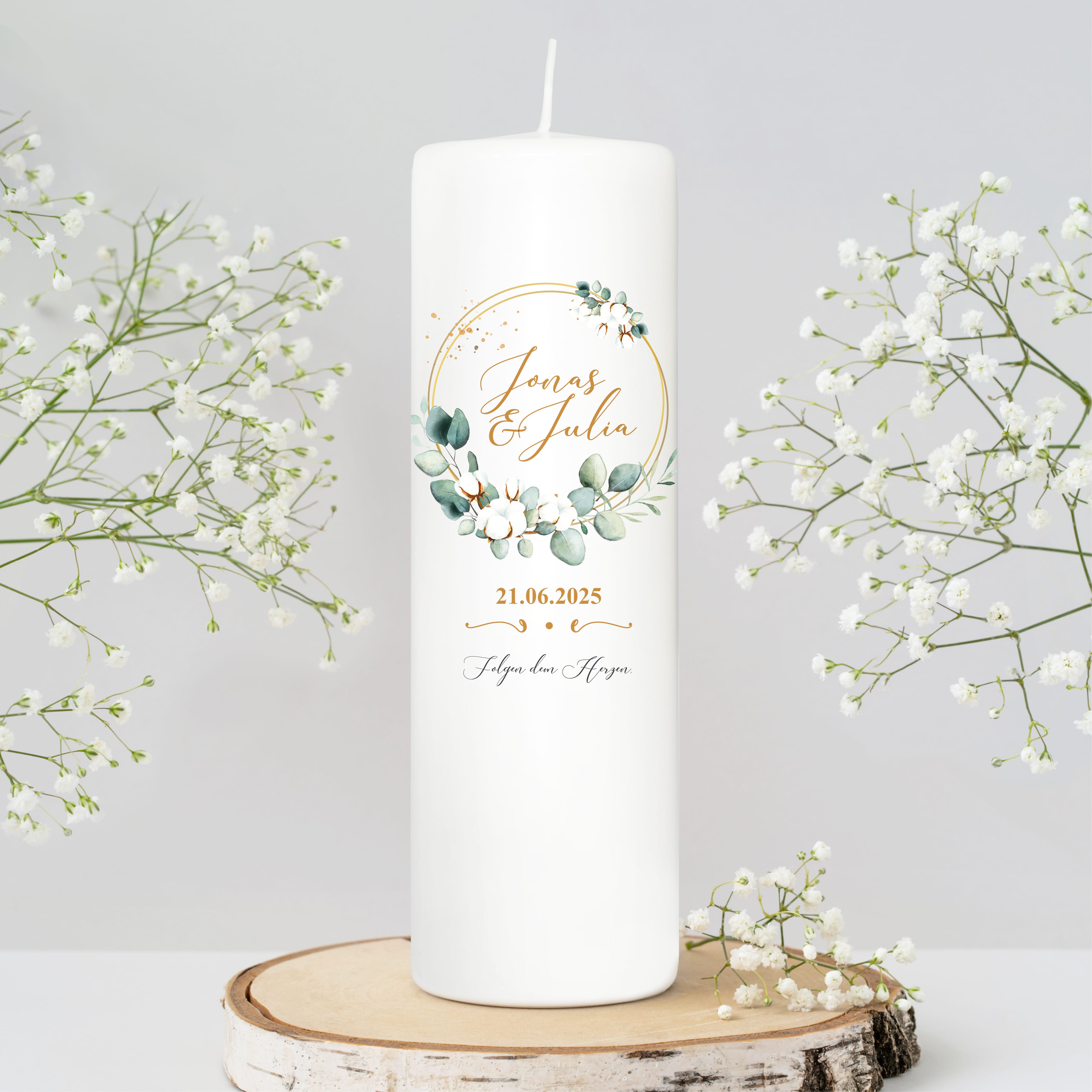 Auf dem Bild ist das Produkt: Weiße Hochzeitskerze Bätterkrank Baumwolle Eukalyptus Hochzeit personalisiertes Hochzeitsgeschenk Spruch Valentinstagsgeschenk zum Preis von €5.90 abgebildet.