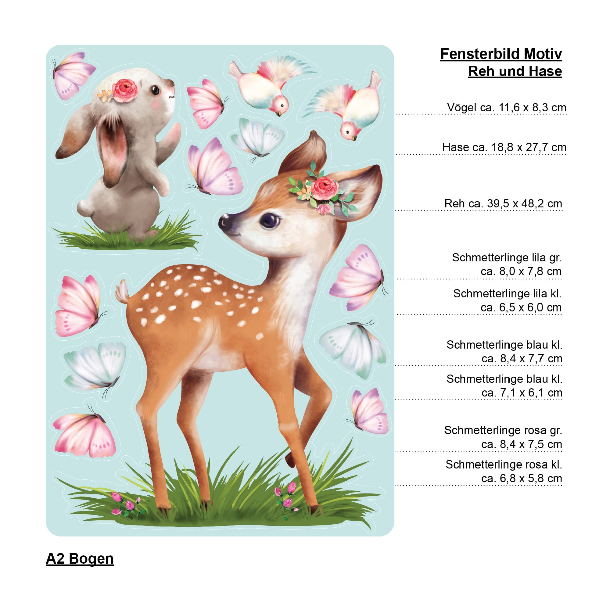 Auf dem Bild ist das Produkt: Fensterbild Frühling Ostern Reh mit Hasen und Schmetterlingen Fensterdeko Kinderzimmer Kind zum Preis von €13.9 abgebildet.