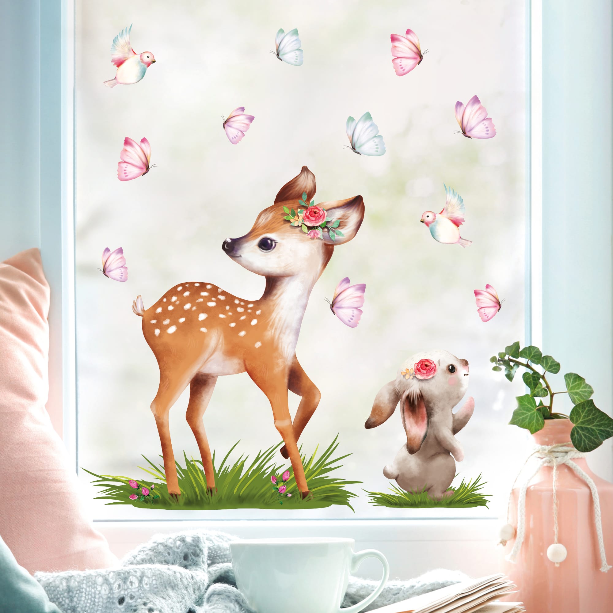 Auf dem Bild ist das Produkt: Fensterbild Frühling Ostern Reh mit Hasen und Schmetterlingen Fensterdeko Kinderzimmer Kind zum Preis von €13.9 abgebildet.
