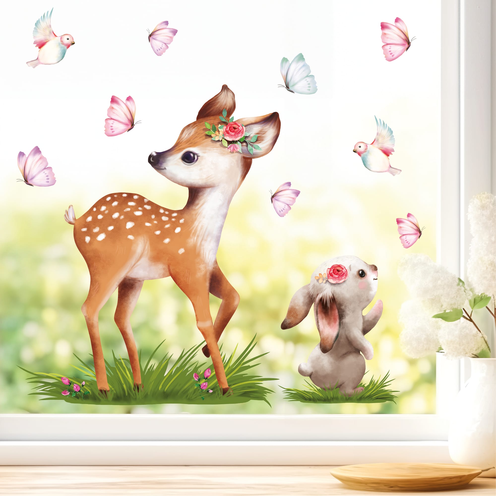Auf dem Bild ist das Produkt: Fensterbild Frühling Ostern Reh mit Hasen und Schmetterlingen Fensterdeko Kinderzimmer Kind zum Preis von €13.9 abgebildet.
