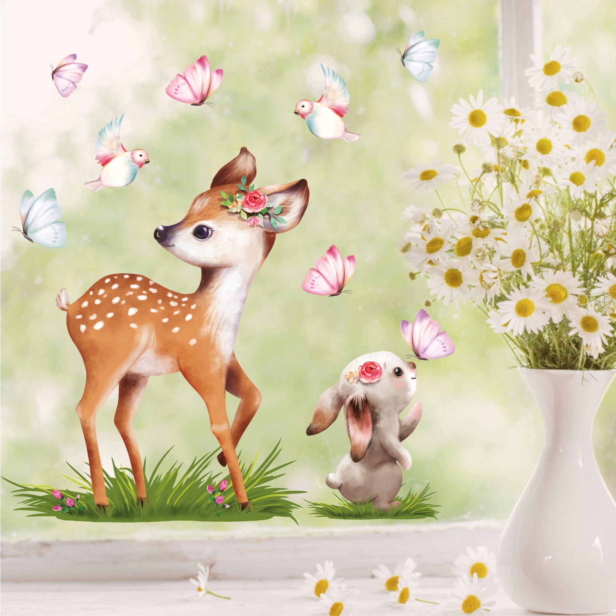 Auf dem Bild ist das Produkt: Fensterbild Frühling Ostern Reh mit Hasen und Schmetterlingen Fensterdeko Kinderzimmer Kind zum Preis von €13.9 abgebildet.