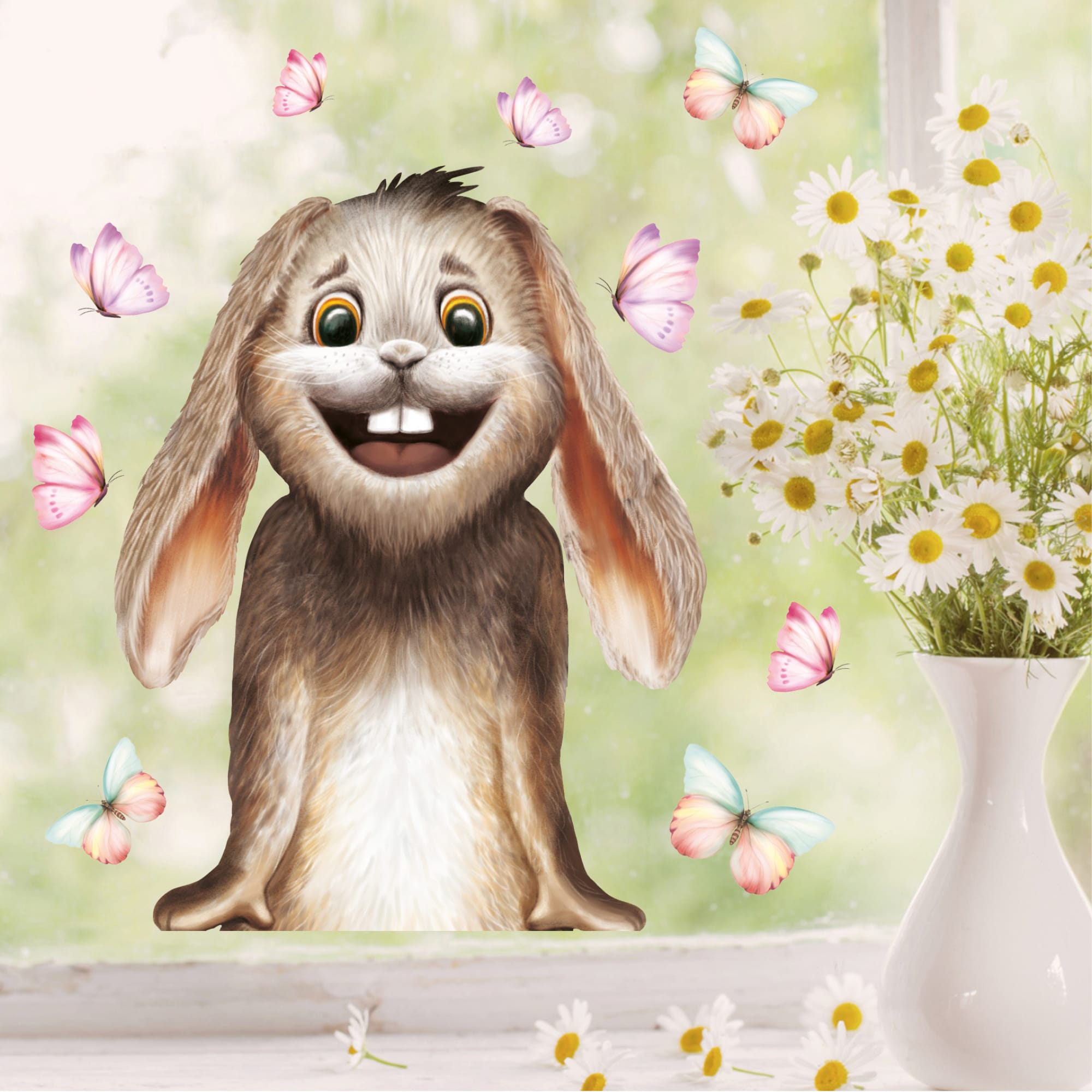 Fensterbild Frühling Ostern Hase bunte Schmetterlinge Fensterdeko Kinderzimmer Kind, Osterdeko, Frühlingsdeko