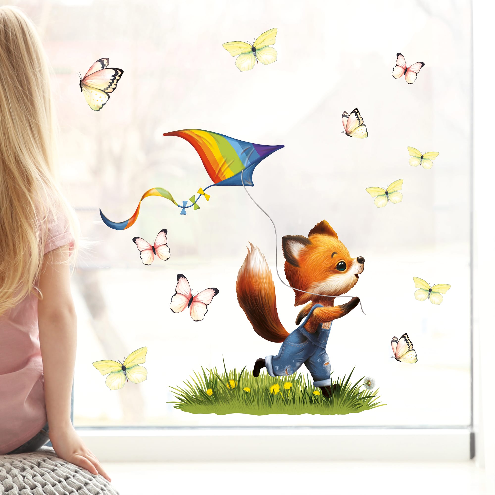 Auf dem Bild ist das Produkt: Fensterbild Kinderzimmer Frühling Ostern Fuchs Drachen Schmetterlinge Fensterdeko Kind zum Preis von €13.90 abgebildet.