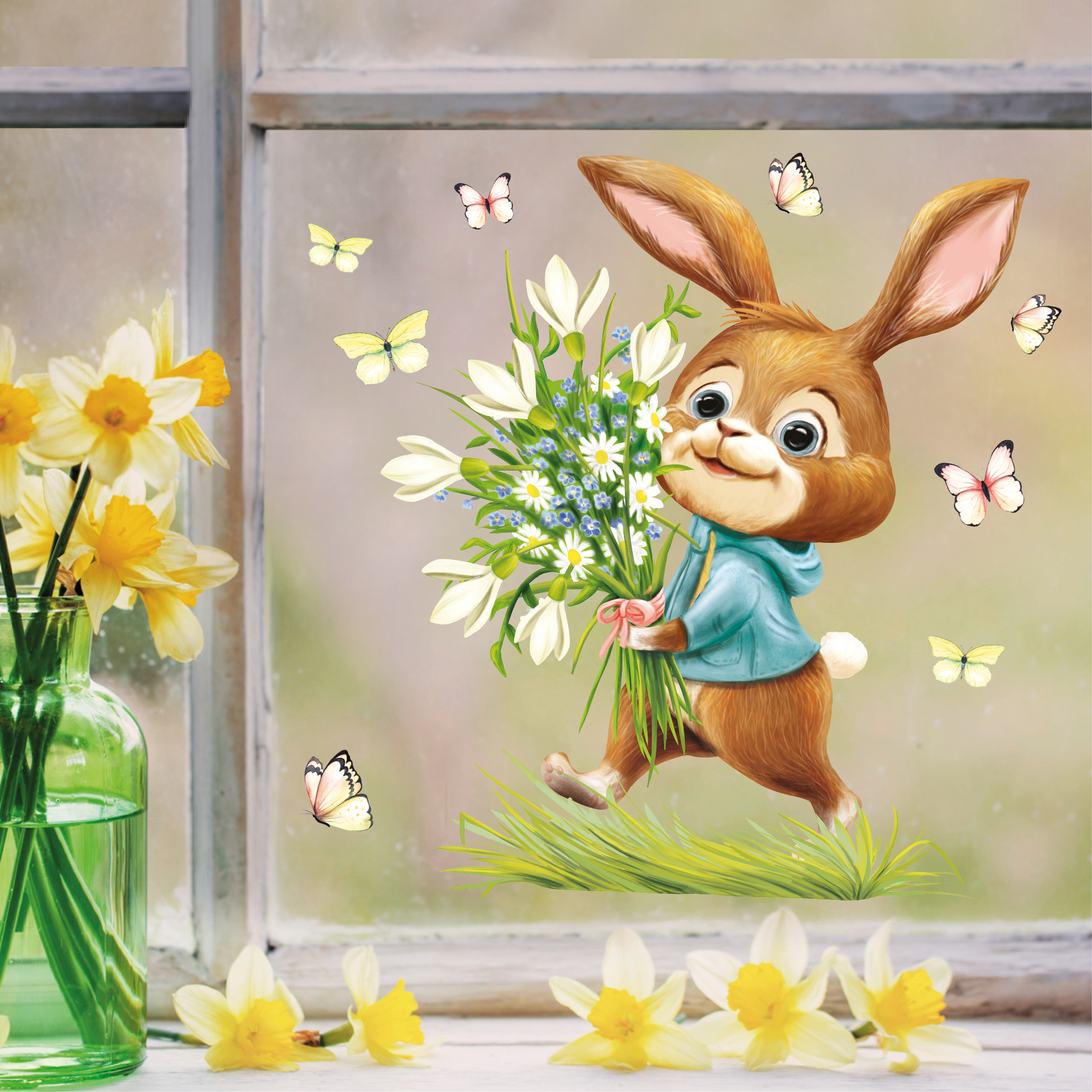 Auf dem Bild ist das Produkt: Fensterbild Frühling Ostern Hase Blumenstrauß Schmetterlinge Fensterdeko Kinder Frühlingsdeko Osterdeko zum Preis von €13.90 abgebildet.