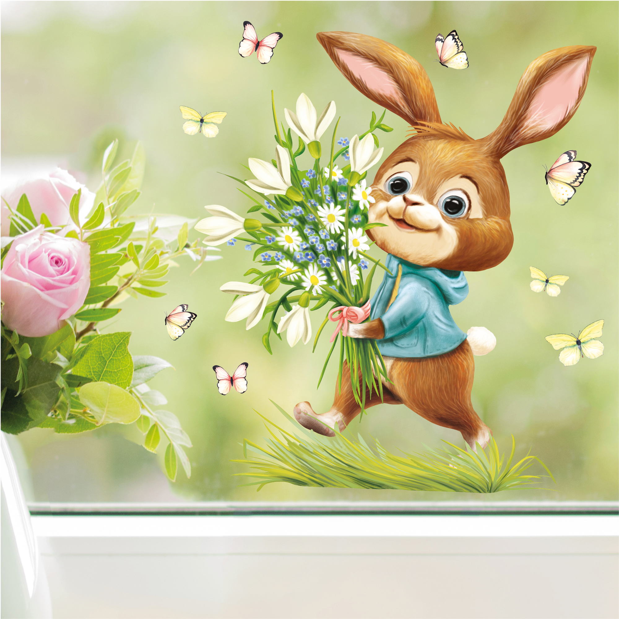 Auf dem Bild ist das Produkt: Fensterbild Frühling Ostern Hase Blumenstrauß Schmetterlinge Fensterdeko Kinder Frühlingsdeko Osterdeko zum Preis von €13.90 abgebildet.