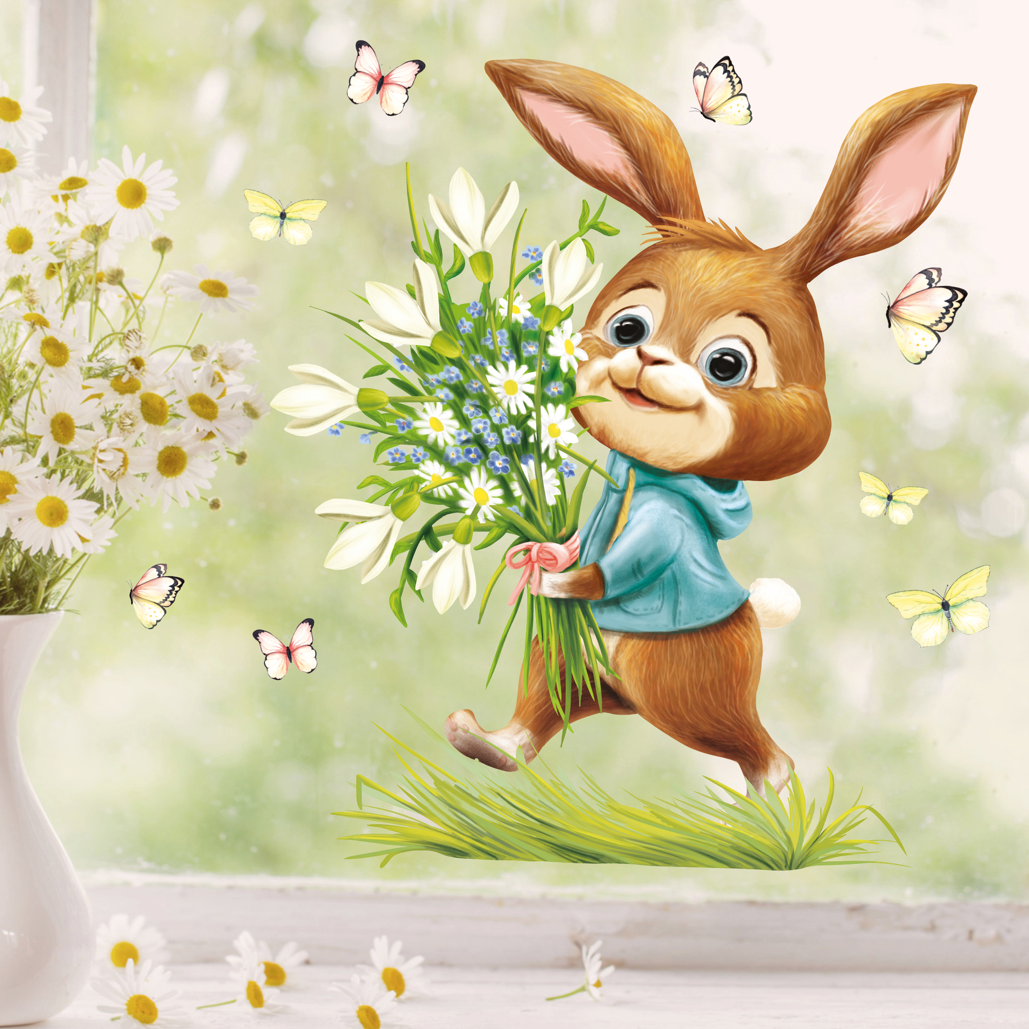 Fensterbild Frühling Ostern Hase Blumenstrauß Schmetterlinge Fensterdeko Kinder Frühlingsdeko Osterdeko