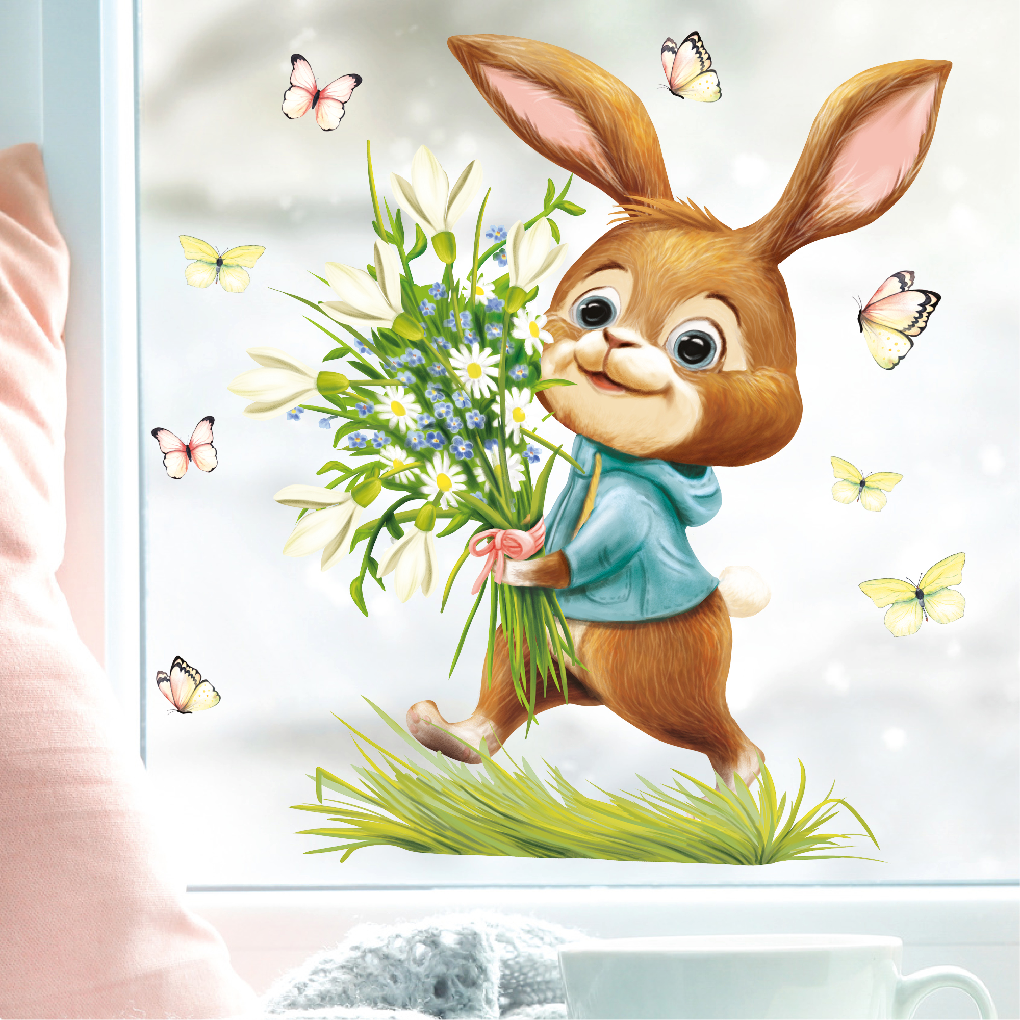 Auf dem Bild ist das Produkt: Fensterbild Frühling Ostern Hase Blumenstrauß Schmetterlinge Fensterdeko Kinder Frühlingsdeko Osterdeko zum Preis von €13.90 abgebildet.