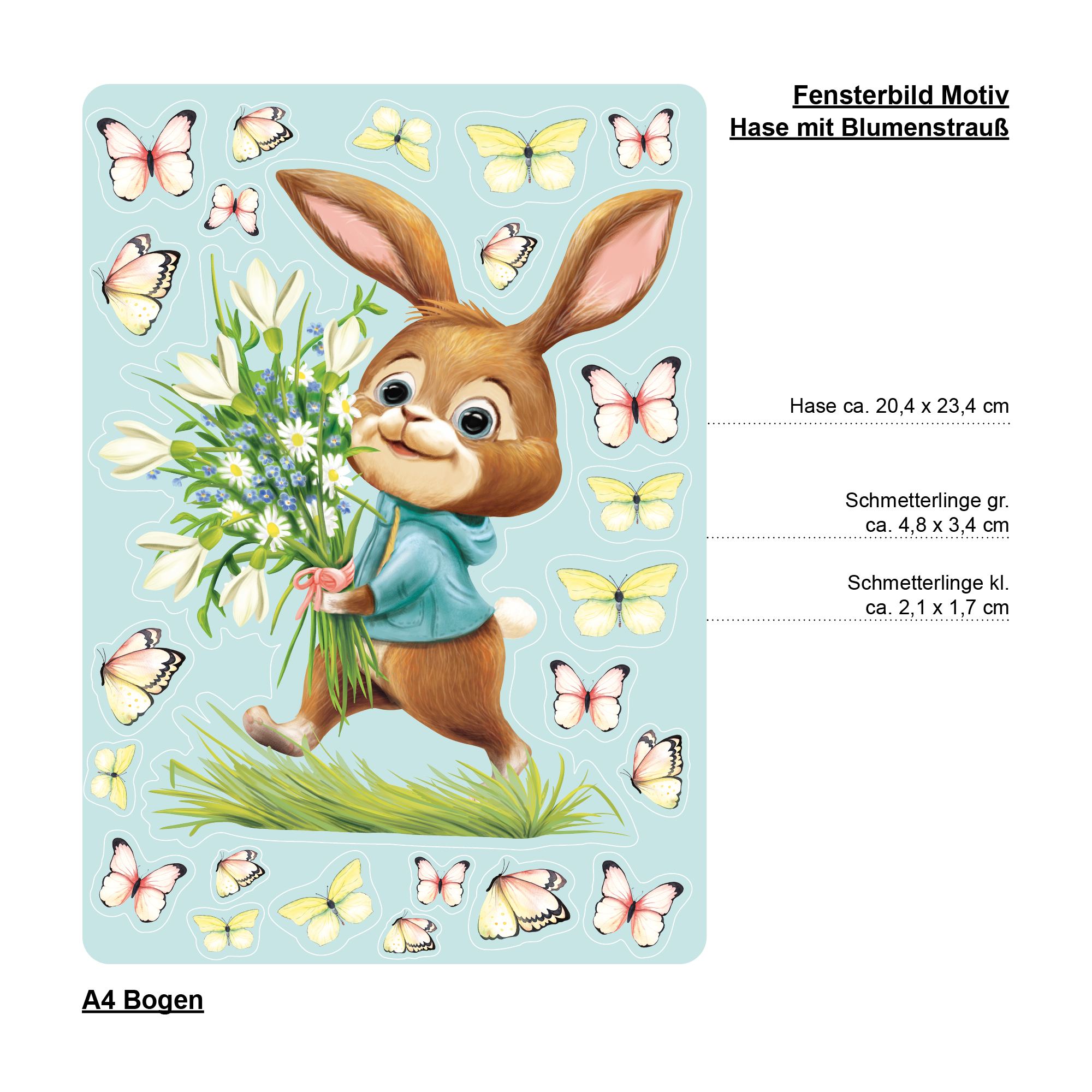 Auf dem Bild ist das Produkt: Fensterbild Frühling Ostern Hase Blumenstrauß Schmetterlinge Fensterdeko Kinder Frühlingsdeko Osterdeko zum Preis von €13.90 abgebildet.