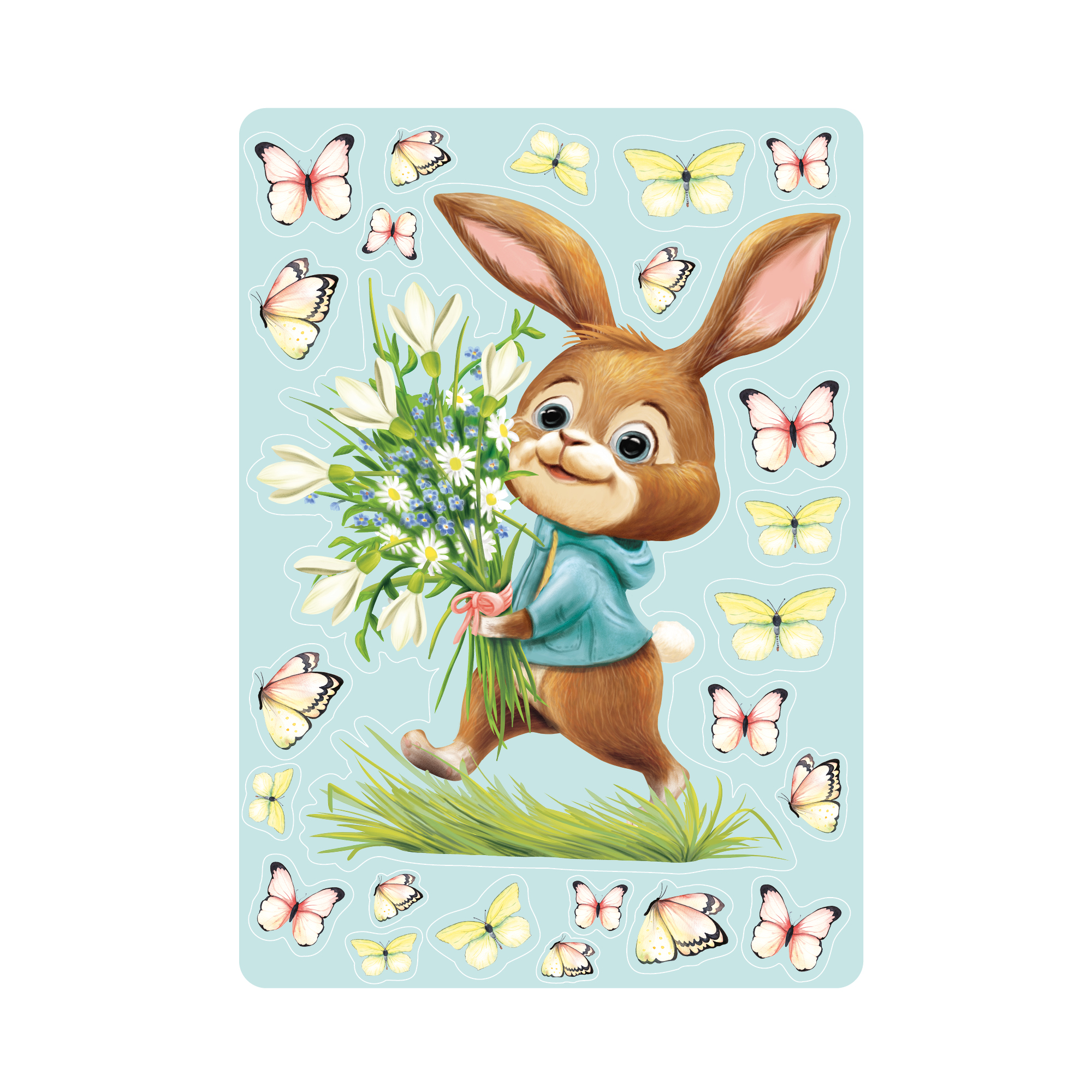 Auf dem Bild ist das Produkt: Fensterbild Frühling Ostern Hase Blumenstrauß Schmetterlinge Fensterdeko Kinder Frühlingsdeko Osterdeko zum Preis von €13.90 abgebildet.