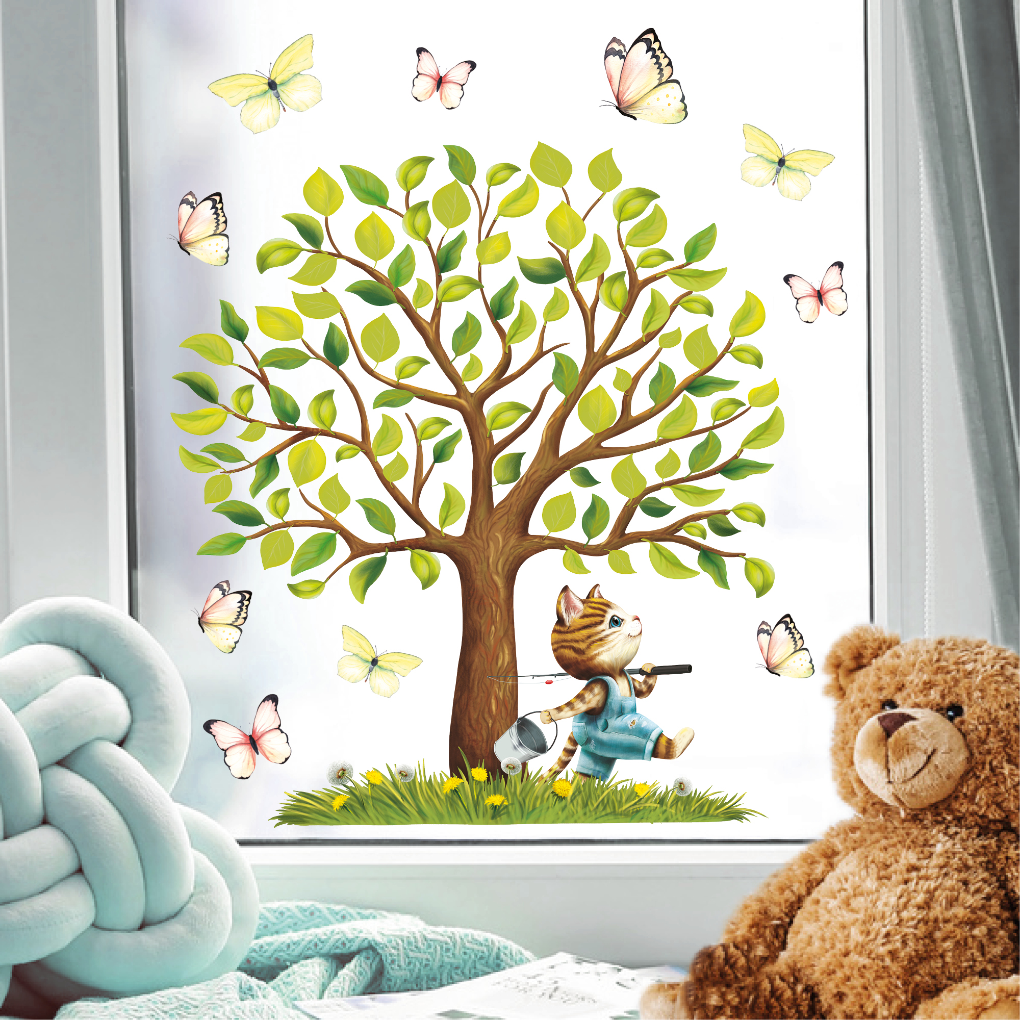 Fensterbild Frühling Ostern Baum Katze Schmetterlinge Fensterdeko Kinderzimmer Kind Frühlingdeko Osterdeko