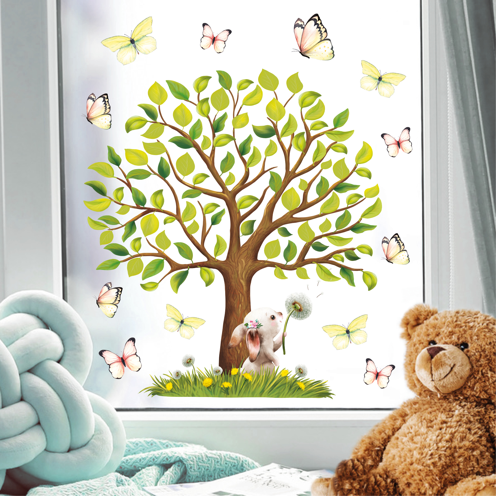 Fensterbild Frühling Ostern Baum Hase Pusteblume Schmetterlinge Fensterdeko Kinderzimmer Osterdeko Frühlingsdeko